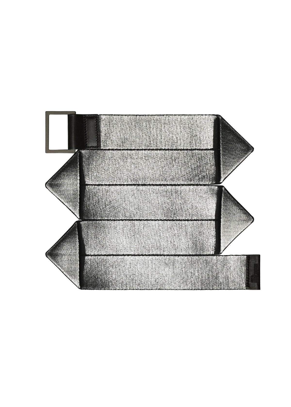 The F-BE belt by 132 5. ISSEY MIYAKE is a gray fabric reversible design with a rectangular metal buckle, laid flat with three accordion-style folds and pointed ends on each strip. view 2 of 4