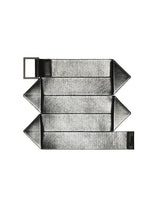 The F-BE belt by 132 5. ISSEY MIYAKE is a gray fabric reversible design with a rectangular metal buckle, laid flat with three accordion-style folds and pointed ends on each strip. - BLACK×SILVER （no.91）