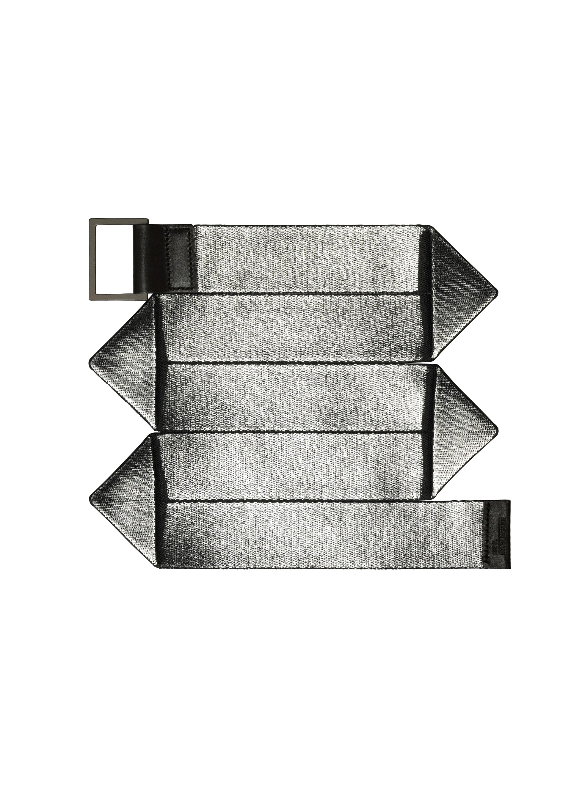 Zoomed view The F-BE belt by 132 5. ISSEY MIYAKE is a gray fabric reversible design with a rectangular metal buckle, laid flat with three accordion-style folds and pointed ends on each strip. - BLACK×SILVER （no.91）
