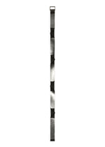 The F-BE by 132 5. ISSEY MIYAKE is a long, narrow, silver and black padded strap with rectangular segments and a unique shape, designed for carrying or securing items.