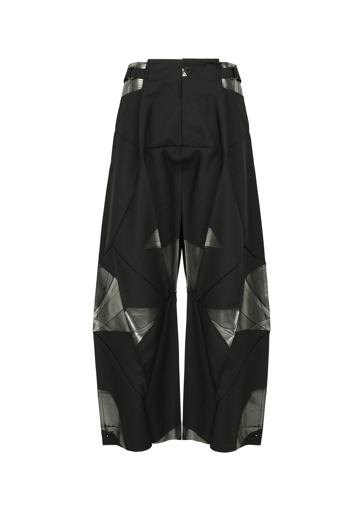 The F-BT pants by 132 5. ISSEY MIYAKE feature a wide-leg silhouette in black recycled polyester, geometric paneling, mesh-like thigh and calf accents, buckled waist straps, and an asymmetrical modern design. view 1 of 13