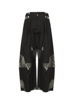 The F-BT pants by 132 5. ISSEY MIYAKE feature a wide-leg silhouette in black recycled polyester, geometric paneling, mesh-like thigh and calf accents, buckled waist straps, and an asymmetrical modern design. - BLACK×SILVER （no.91）