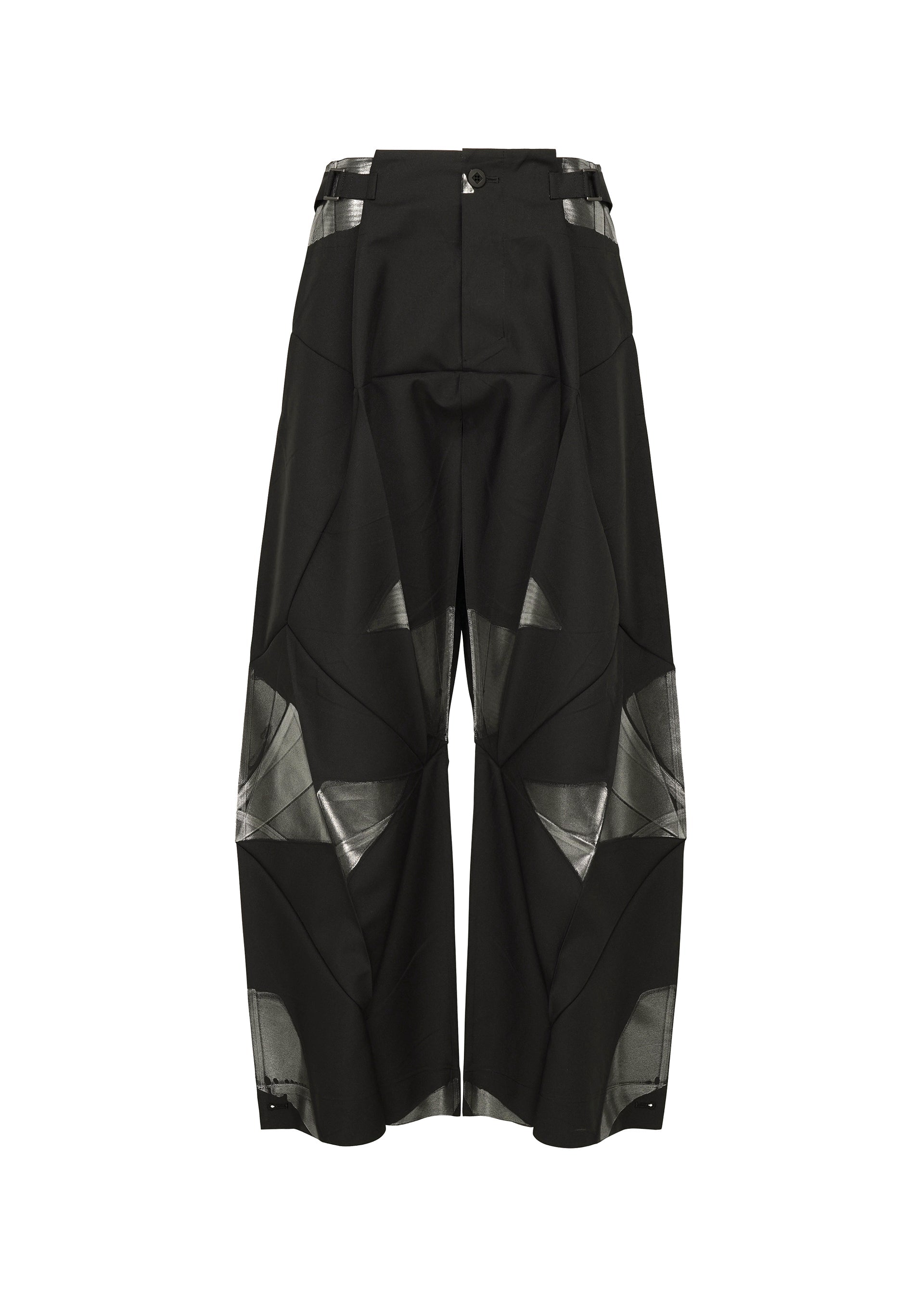 Zoomed view The F-BT pants by 132 5. ISSEY MIYAKE feature a wide-leg silhouette in black recycled polyester, geometric paneling, mesh-like thigh and calf accents, buckled waist straps, and an asymmetrical modern design. - BLACK×SILVER （no.91）