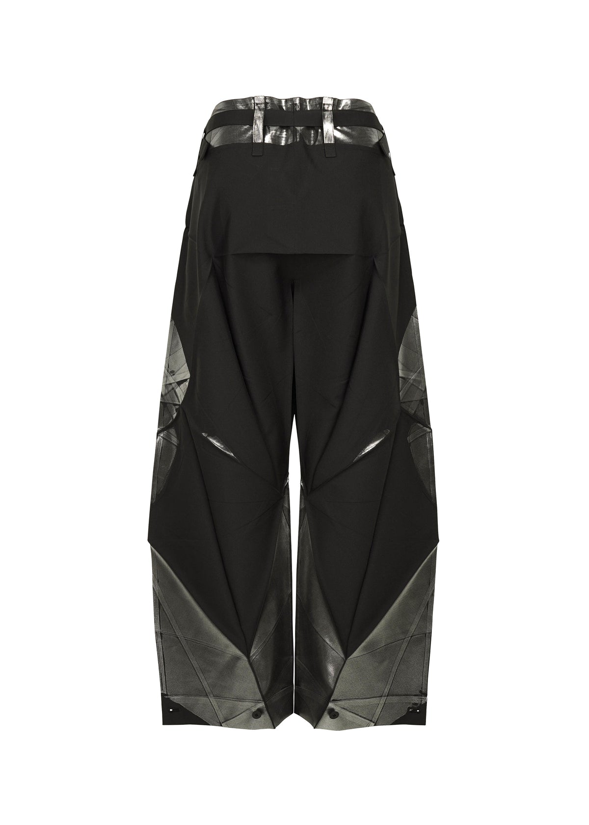 The F-BT wide-leg black folding pants by 132 5. ISSEY MIYAKE feature a geometric design and shiny metallic silver foil on the waistband and lower legs, shown against a plain white background. view 2 of 13