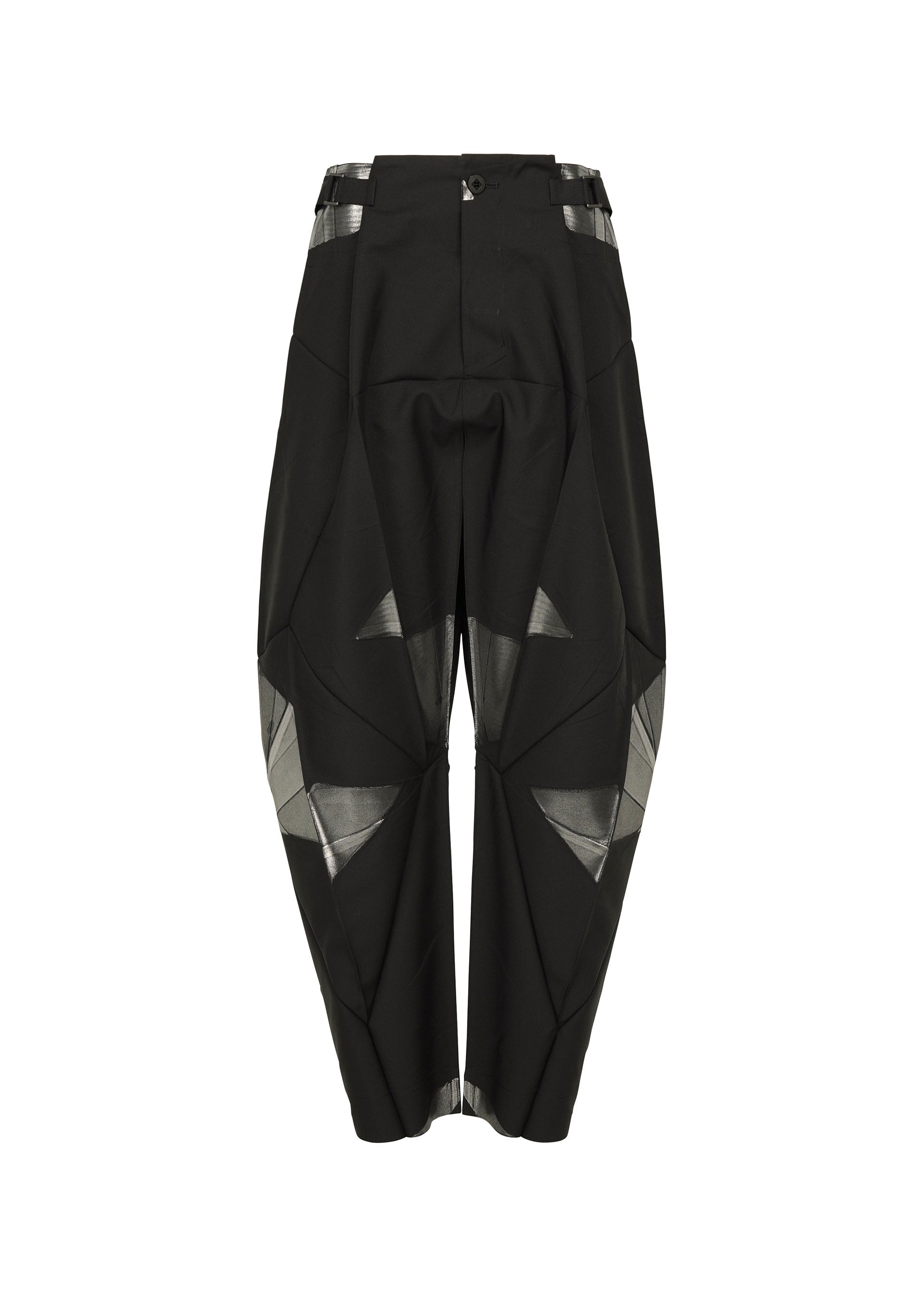 Zoomed view The F-BT pants by 132 5. ISSEY MIYAKE are black harem-style trousers made from recycled polyester, featuring geometric silver foil accents, angular paneling, belt loops, button closure, and a loose fit tapered at the ankles.