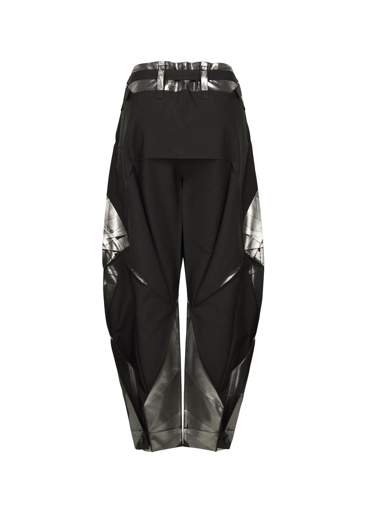 The F-BT pants by 132 5. ISSEY MIYAKE are high-waisted black recycled polyester trousers with a wide, sculptural silhouette, shiny metallic silver geometric panels, foil processing for angular details, belt loops, and a structured finish. view 5 of 13