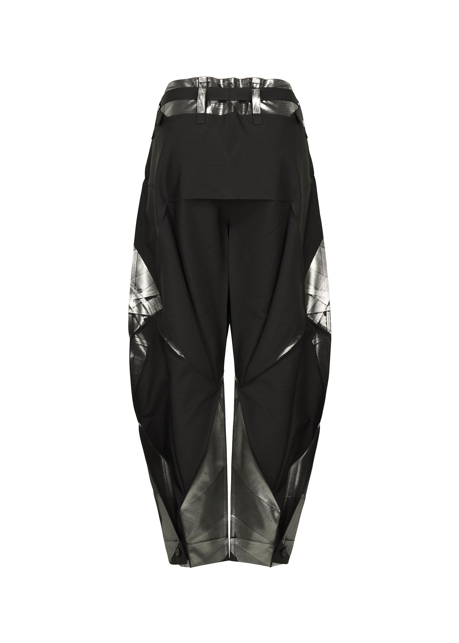Zoomed view The F-BT pants by 132 5. ISSEY MIYAKE are high-waisted black recycled polyester trousers with a wide, sculptural silhouette, shiny metallic silver geometric panels, foil processing for angular details, belt loops, and a structured finish.