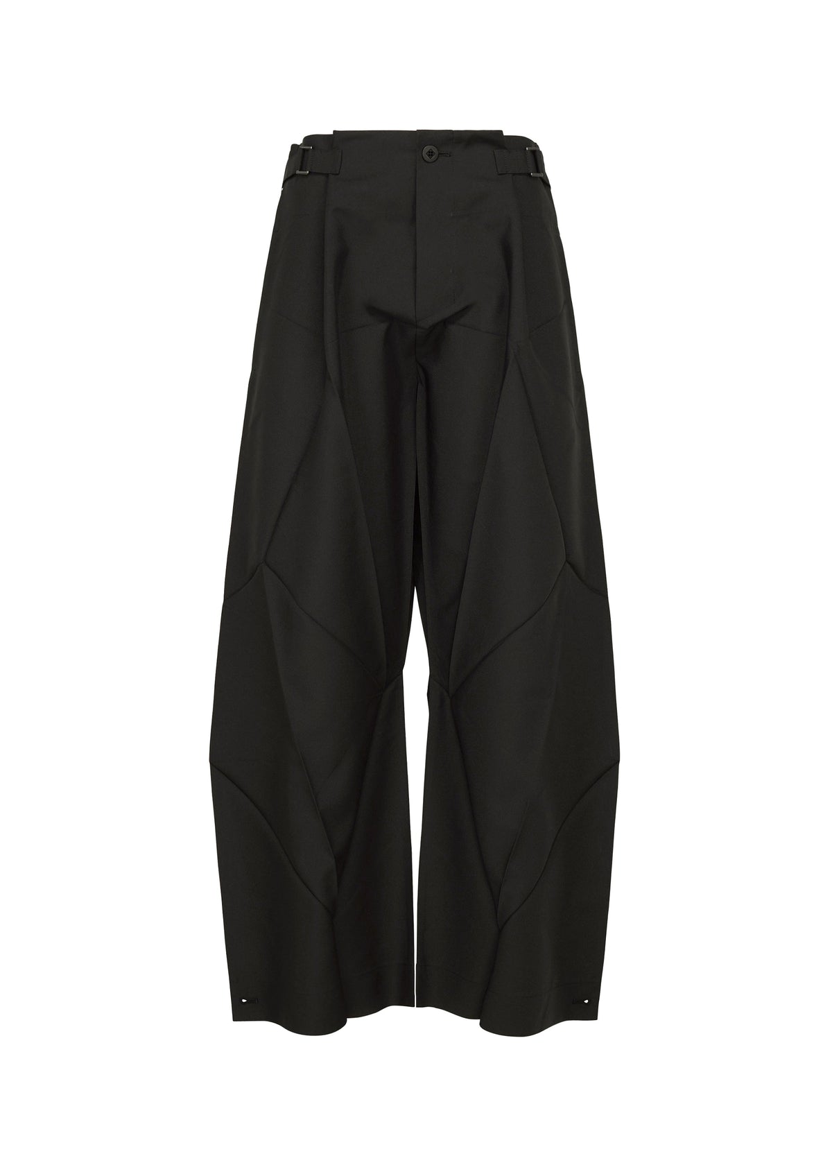 The F-BT trousers by 132 5. ISSEY MIYAKE are wide-leg black pants made from recycled polyester, featuring geometric seams, a high waist, structured silhouette, single button closure, and adjustable hem for versatile styling. view 1 of 14