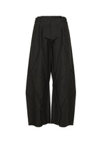 The F-BT trousers by 132 5. ISSEY MIYAKE are wide-leg black pants made from recycled polyester, featuring geometric seams, a high waist, structured silhouette, single button closure, and adjustable hem for versatile styling. - BLACK （no.15）