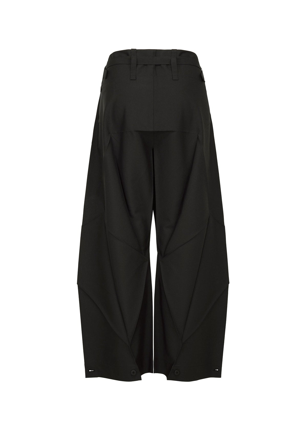 The F-BT pants by 132 5. ISSEY MIYAKE are wide-leg black recycled polyester trousers with geometric paneling, angular seam details, belt loops at the waist, and adjustable snap closures at the hem, shown from the back. view 2 of 14