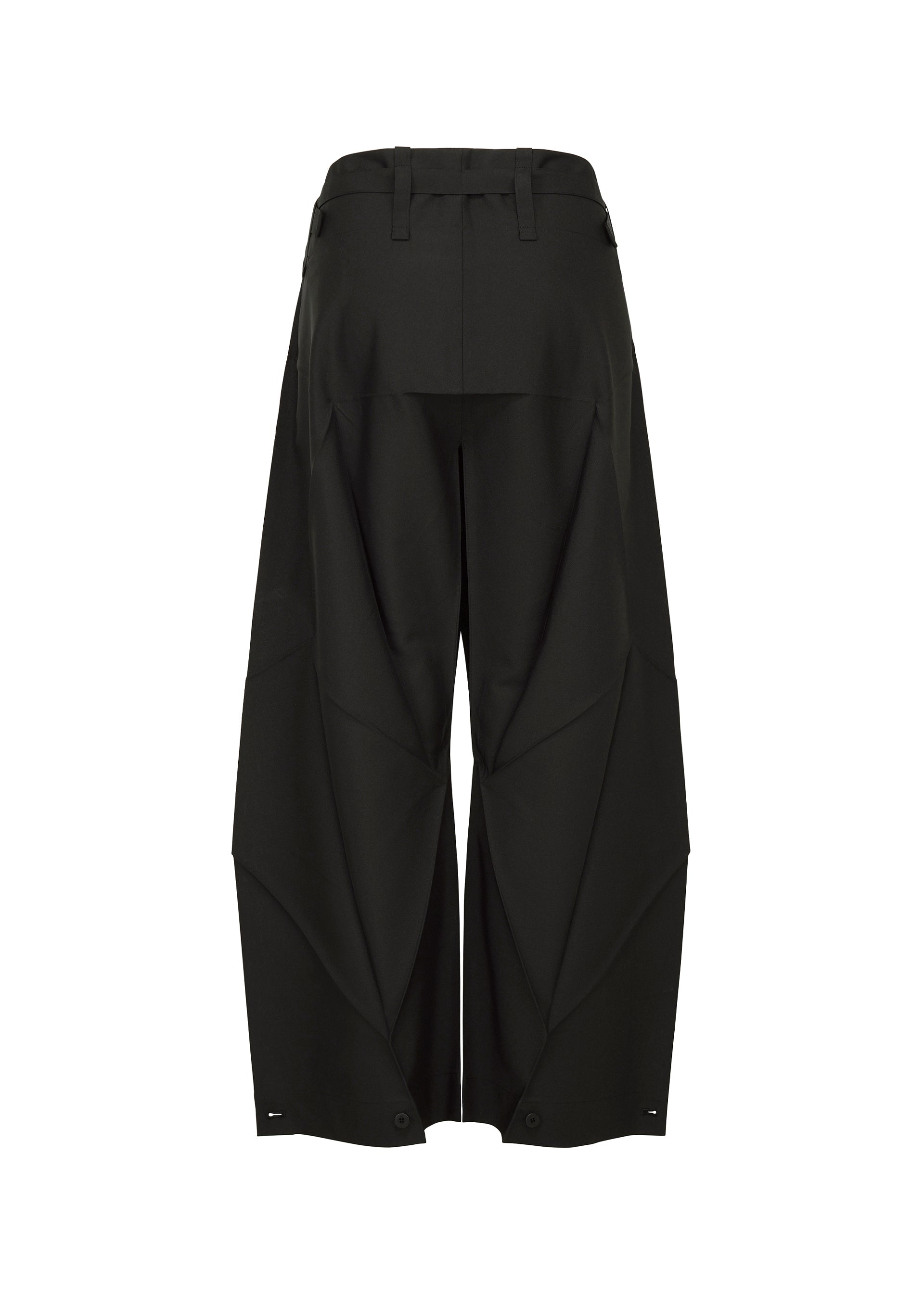 Zoomed view The F-BT pants by 132 5. ISSEY MIYAKE are wide-leg black recycled polyester trousers with geometric paneling, angular seam details, belt loops at the waist, and adjustable snap closures at the hem, shown from the back.