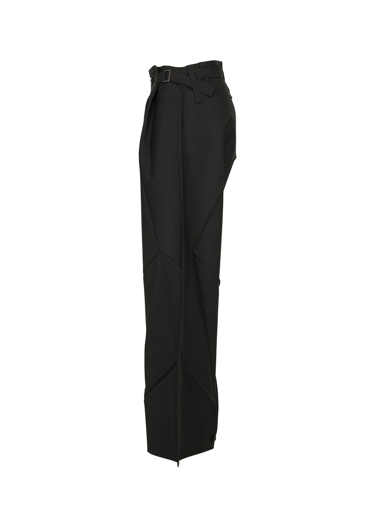 The F-BT pants by 132 5. ISSEY MIYAKE are black, high-waisted, wide-leg trousers with a belted waist and geometric seam details, made from recycled polyester. Shown side view against a white background. view 3 of 14