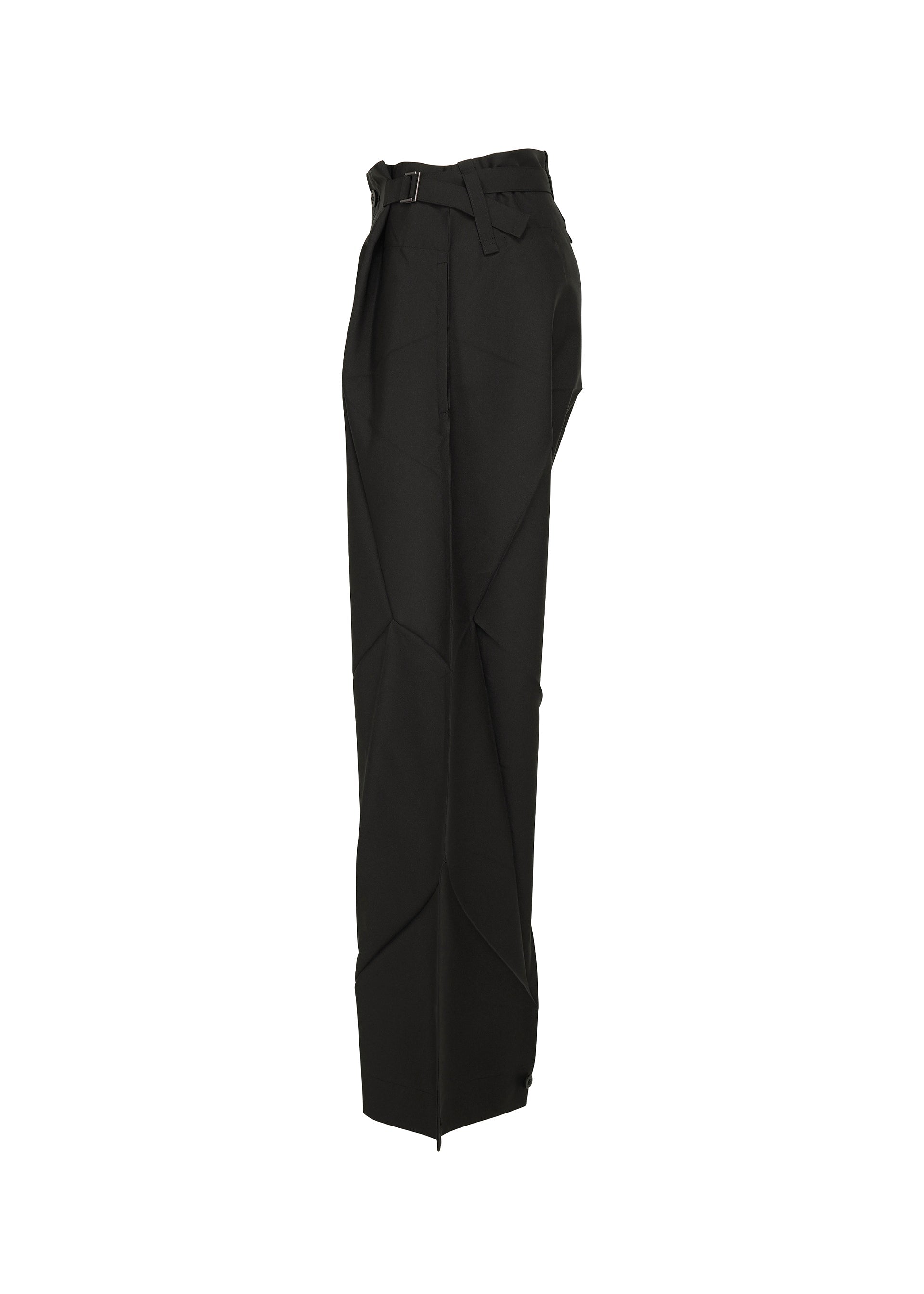 Zoomed view The F-BT pants by 132 5. ISSEY MIYAKE are black, high-waisted, wide-leg trousers with a belted waist and geometric seam details, made from recycled polyester. Shown side view against a white background.