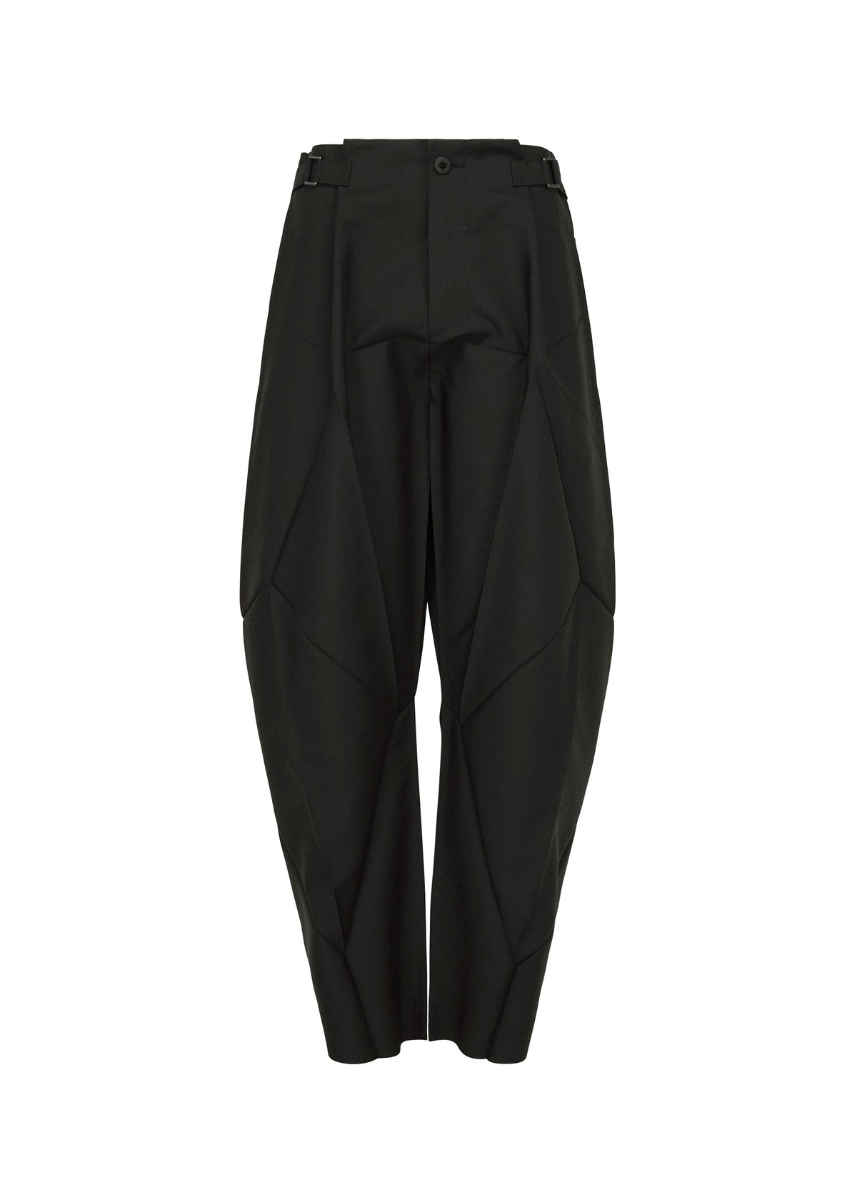 The F-BT pants by 132 5. ISSEY MIYAKE are high-waisted, black, with a wide sculpted silhouette and geometric panels, crafted from recycled polyester. They feature a button closure at the waistband and an ankle-length hem. view 4 of 14