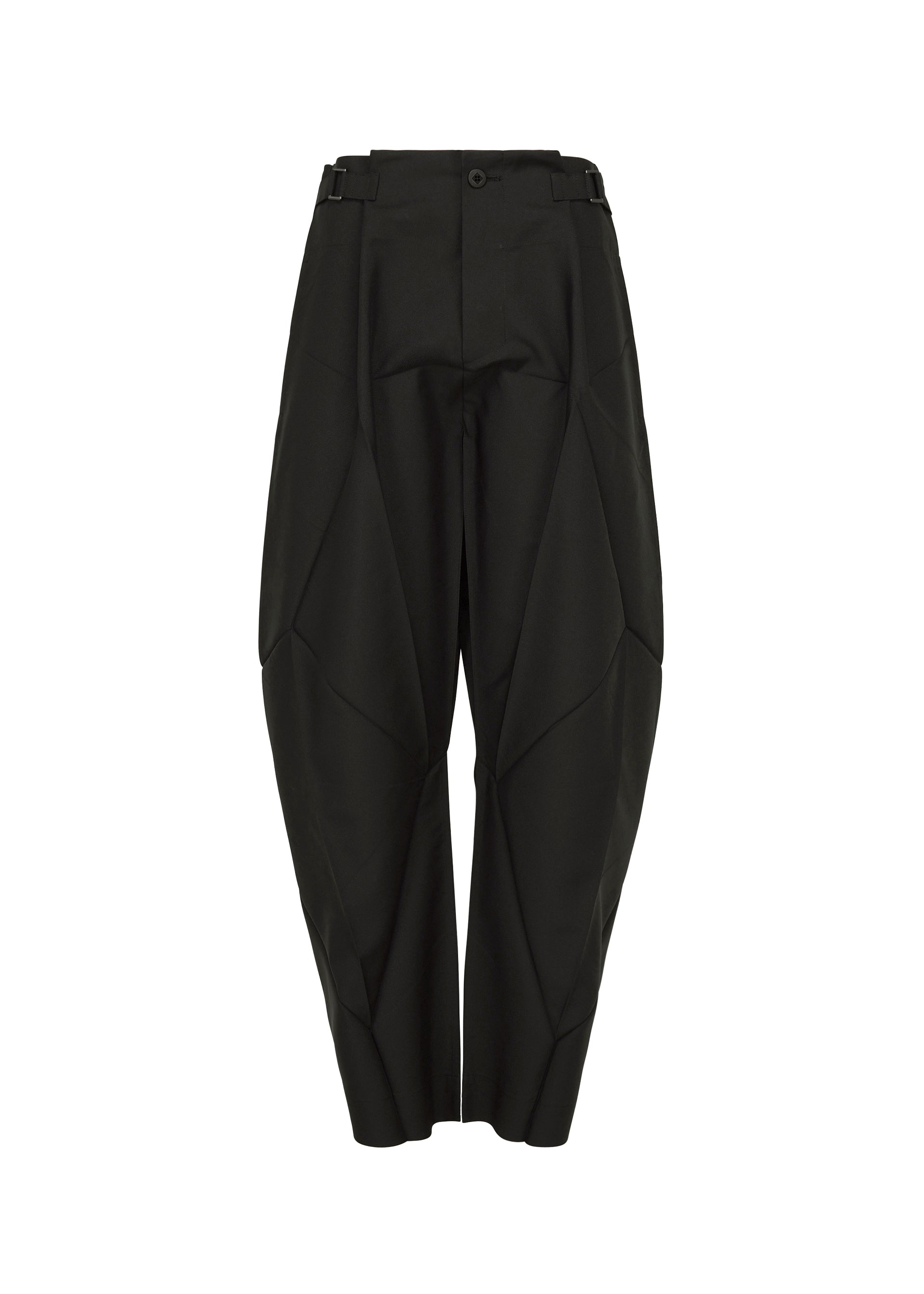 Zoomed view The F-BT pants by 132 5. ISSEY MIYAKE are high-waisted, black, with a wide sculpted silhouette and geometric panels, crafted from recycled polyester. They feature a button closure at the waistband and an ankle-length hem.
