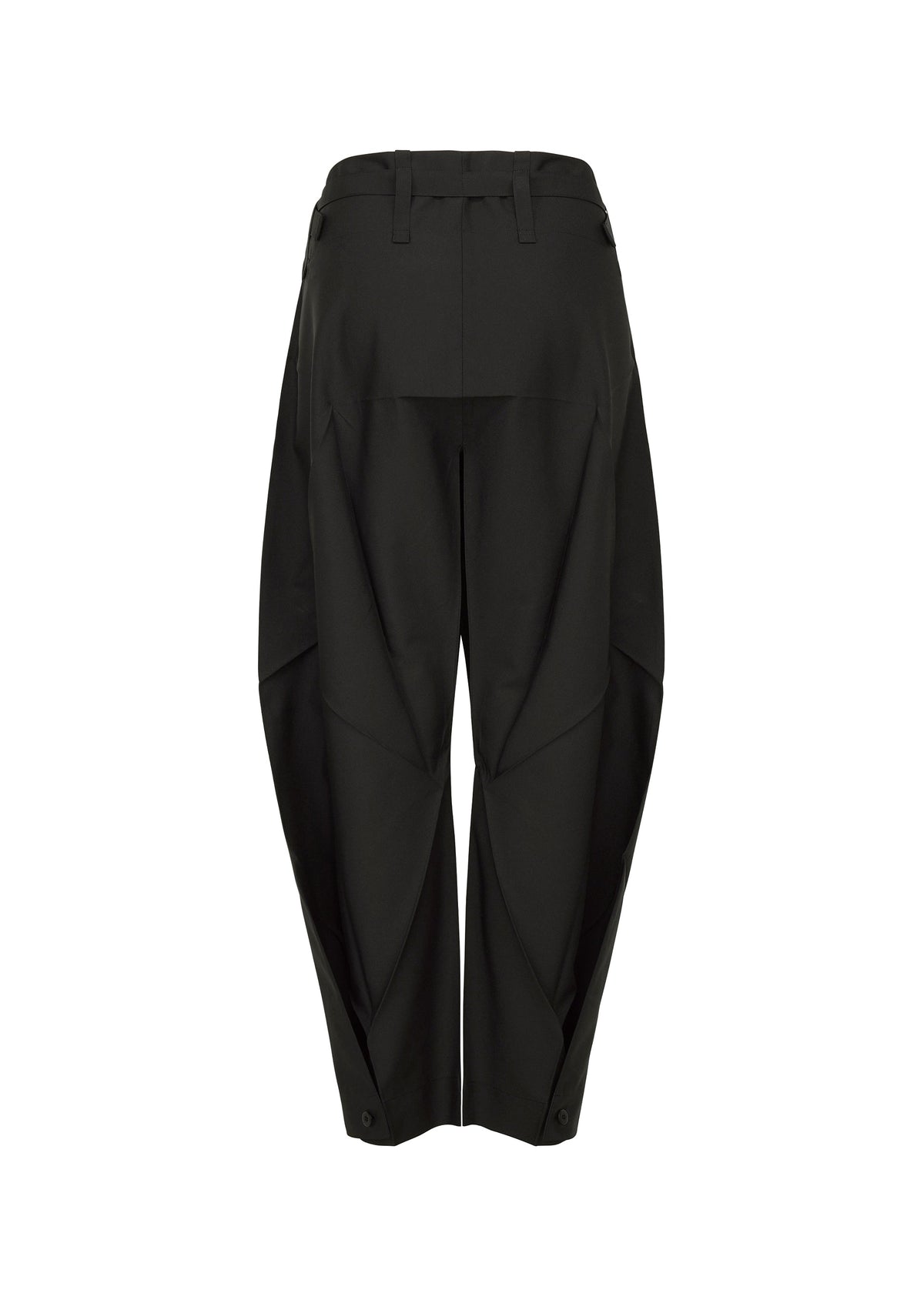 The F-BT pants by 132 5. ISSEY MIYAKE are black, high-waisted recycled polyester trousers with wide, structured legs, unique panel details, belt loops, adjustable hems, and a tapered ankle. Shown from the back against a white background. view 5 of 14