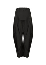 The F-BT pants by 132 5. ISSEY MIYAKE are black, high-waisted recycled polyester trousers with wide, structured legs, unique panel details, belt loops, adjustable hems, and a tapered ankle. Shown from the back against a white background.