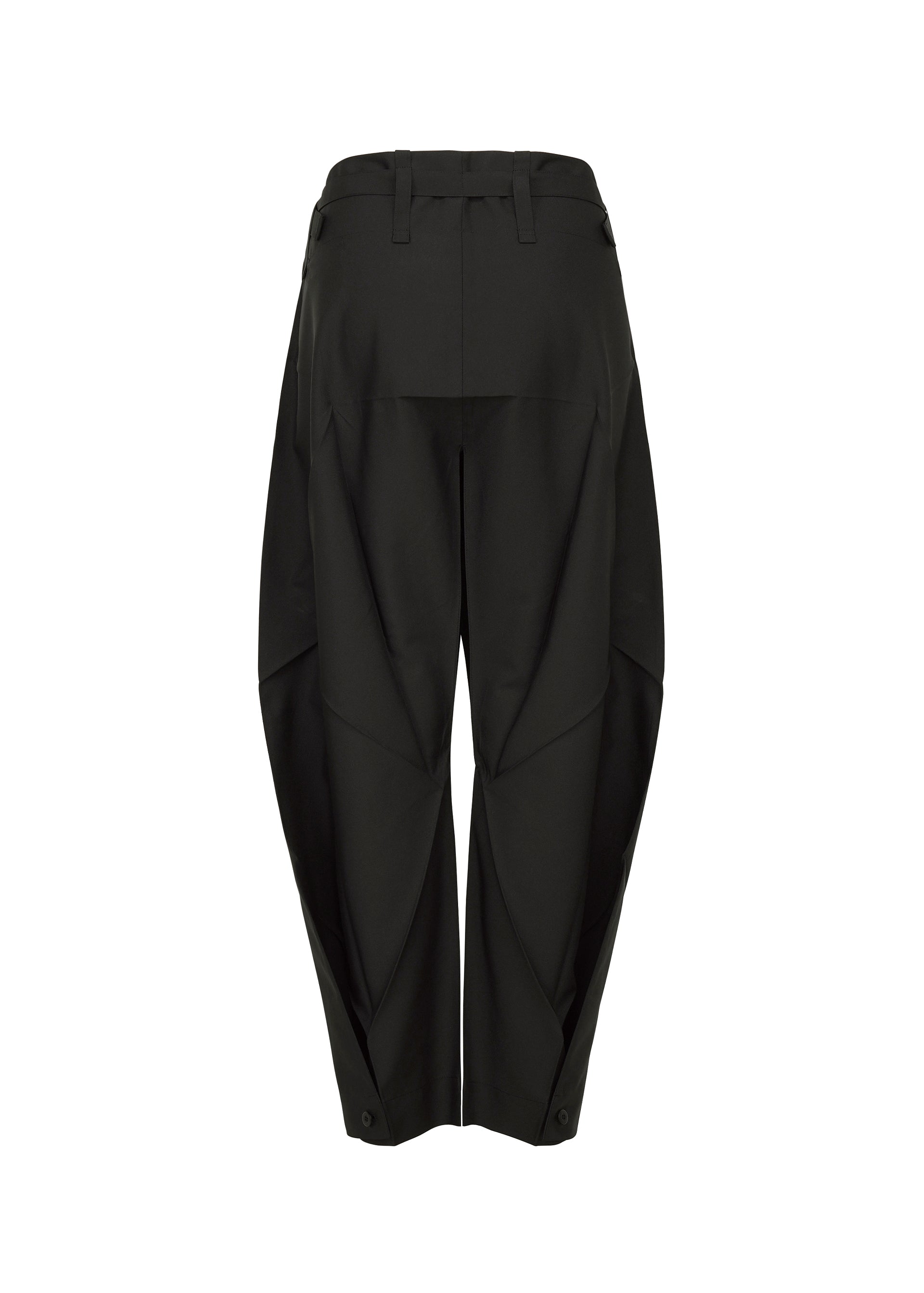Zoomed view The F-BT pants by 132 5. ISSEY MIYAKE are black, high-waisted recycled polyester trousers with wide, structured legs, unique panel details, belt loops, adjustable hems, and a tapered ankle. Shown from the back against a white background.