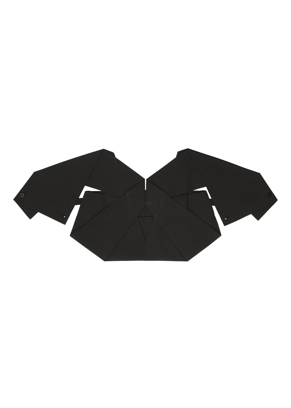 The F-BT by 132 5. ISSEY MIYAKE is a black origami-inspired bat-shaped figure with outstretched wings, crafted using precise folding techniques, and shown from above on a white background. view 7 of 14