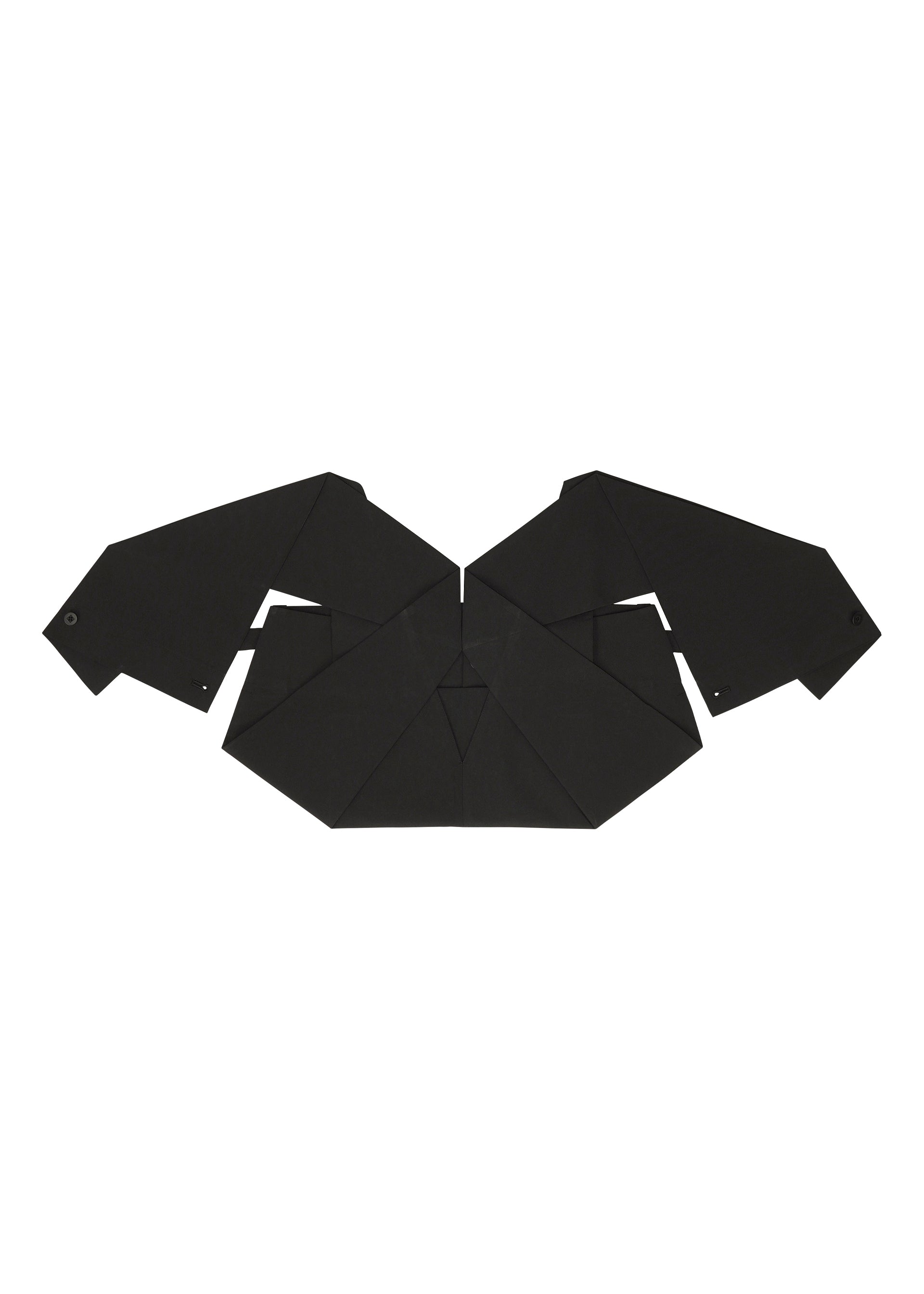 Zoomed view The F-BT by 132 5. ISSEY MIYAKE is a black origami-inspired bat-shaped figure with outstretched wings, crafted using precise folding techniques, and shown from above on a white background.