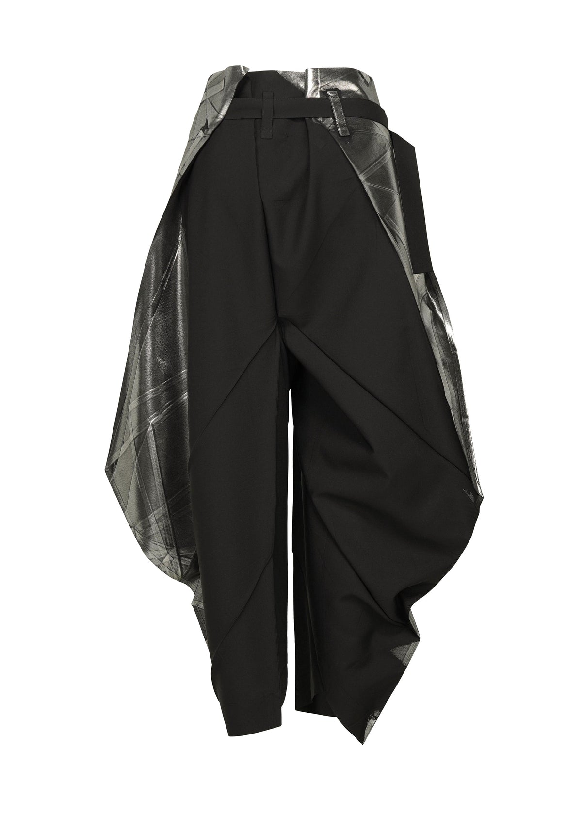 The F-BT pants by 132 5. ISSEY MIYAKE feature a high-waisted, asymmetric design crafted from black recycled polyester with wide angular drapes, metallic silver panels, foil processing, and a sculptural, layered silhouette. view 2 of 9