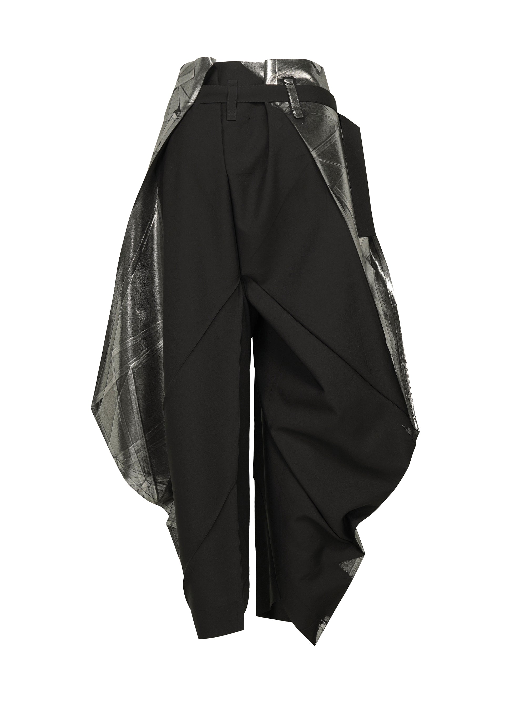 Zoomed view The F-BT pants by 132 5. ISSEY MIYAKE feature a high-waisted, asymmetric design crafted from black recycled polyester with wide angular drapes, metallic silver panels, foil processing, and a sculptural, layered silhouette.