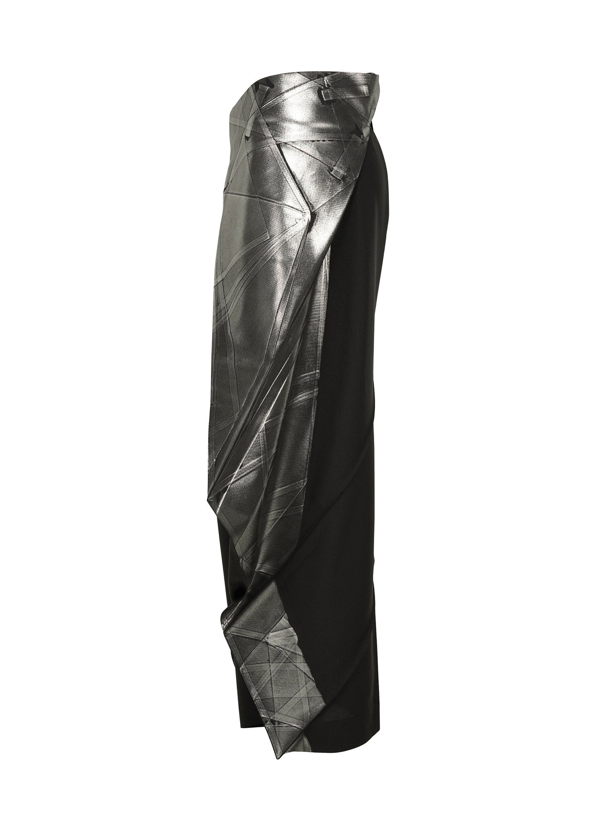 The F-BT skirt by 132 5. ISSEY MIYAKE is a black midi design with an asymmetrical metallic silver overlay featuring geometric lines and subtle foil accents, displayed in a side view against a white background. view 3 of 9