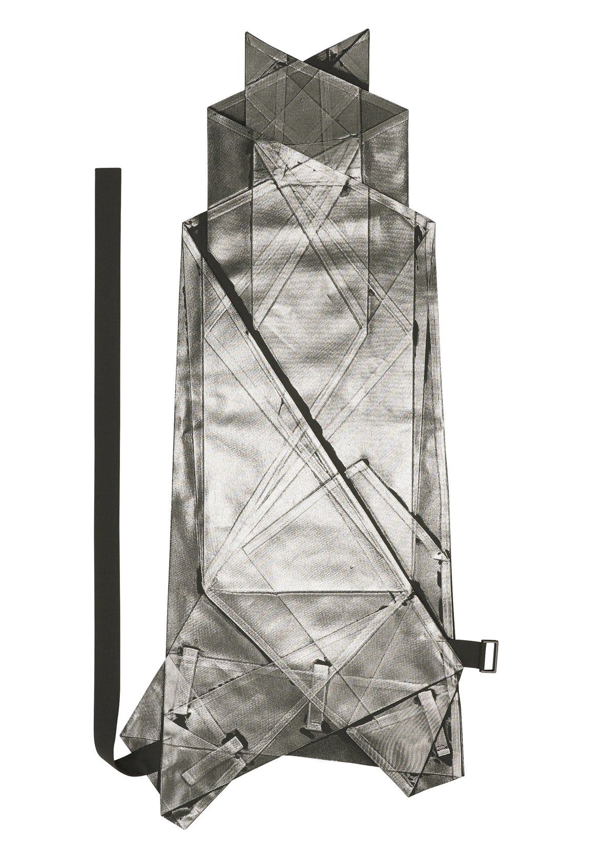 The F-BT by 132 5. ISSEY MIYAKE is a geometric, transparent backpack with angular shapes, layered mesh, black straps, and foil accents, shown flat on a white background. view 5 of 9