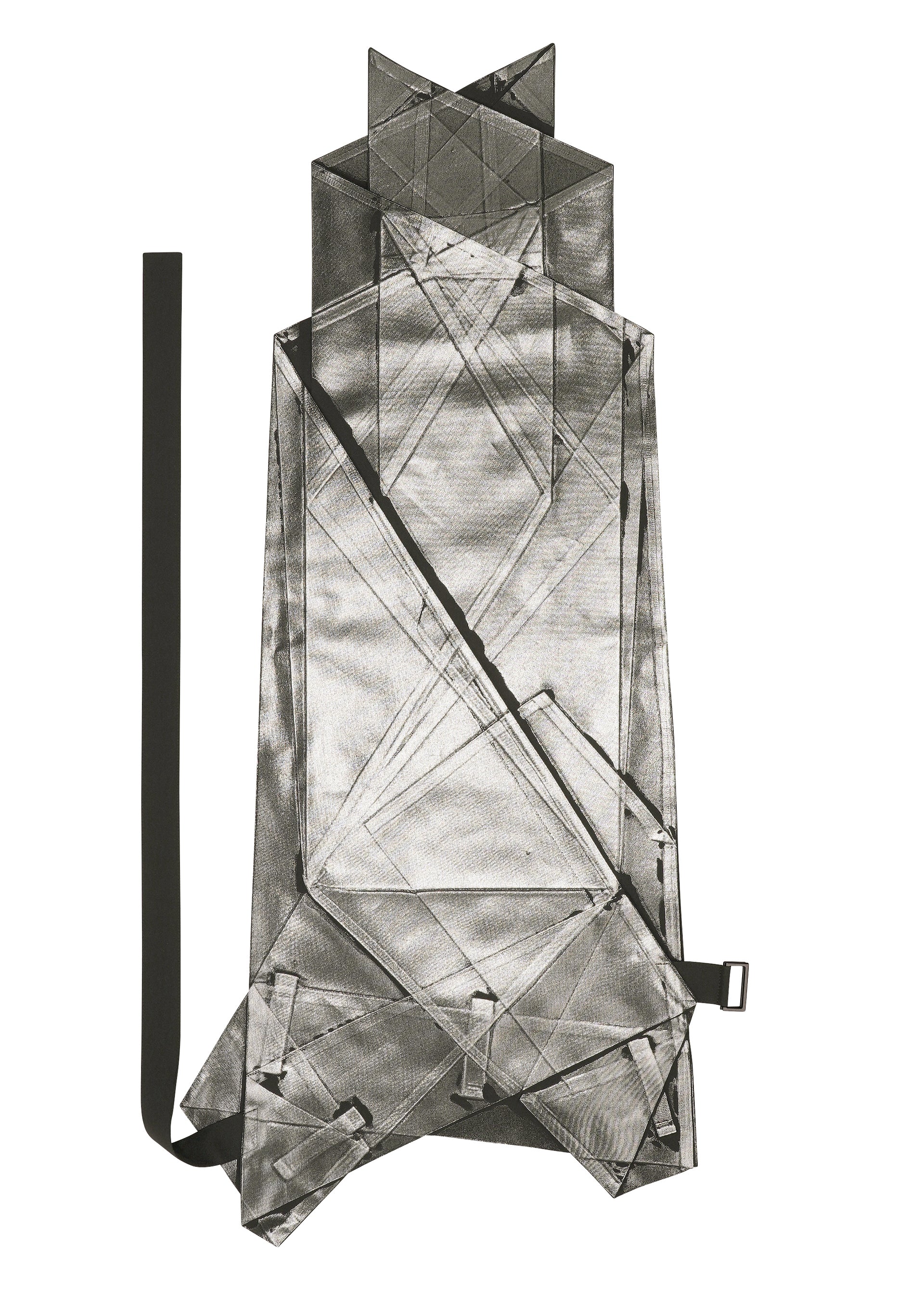 Zoomed view The F-BT by 132 5. ISSEY MIYAKE is a geometric, transparent backpack with angular shapes, layered mesh, black straps, and foil accents, shown flat on a white background.