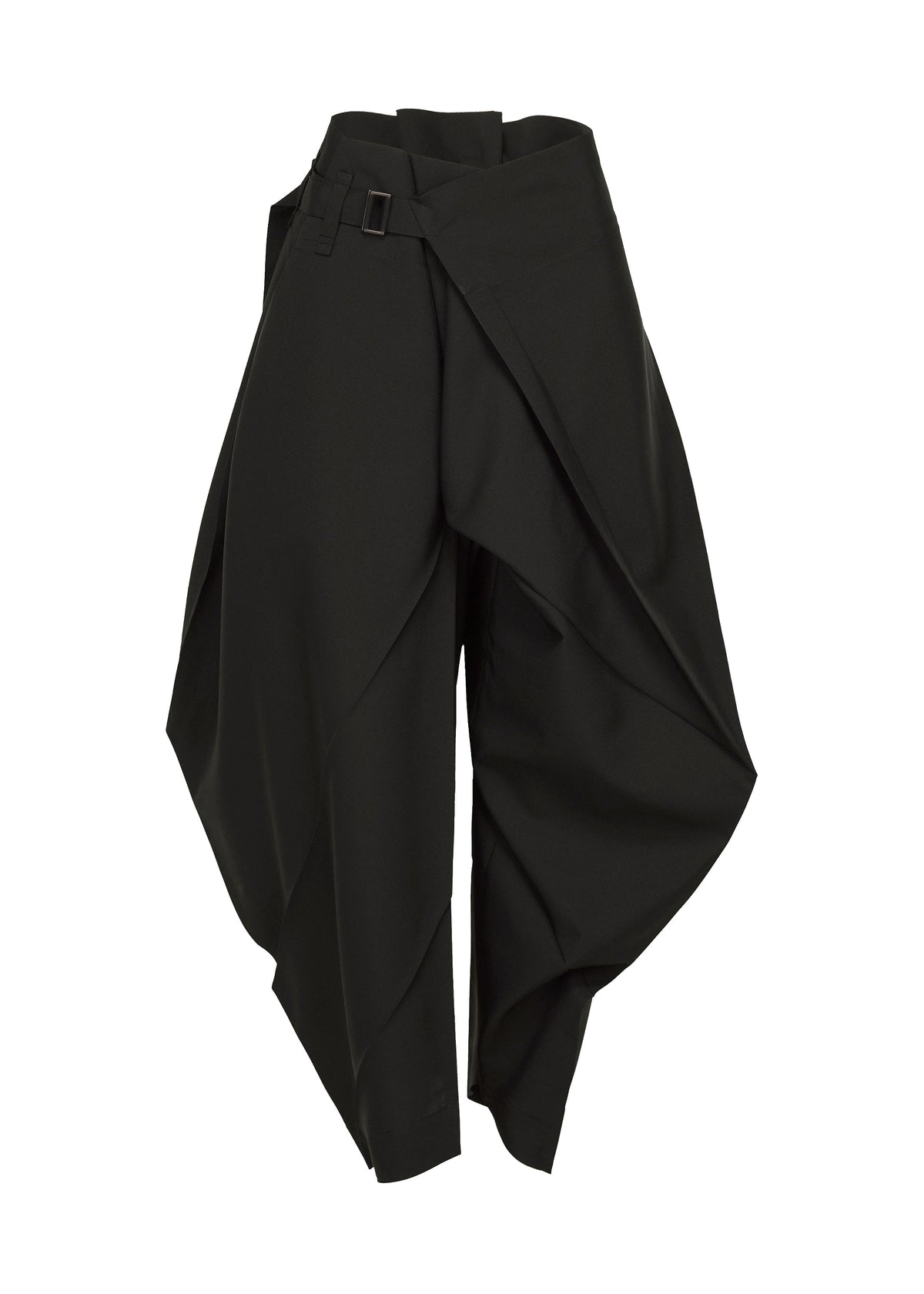 The F-BT pants by 132 5. ISSEY MIYAKE feature an avant-garde wide-leg silhouette with draped, layered panels, asymmetrical design, a buckled belt at the waist, and are crafted from recycled polyester. view 1 of 9