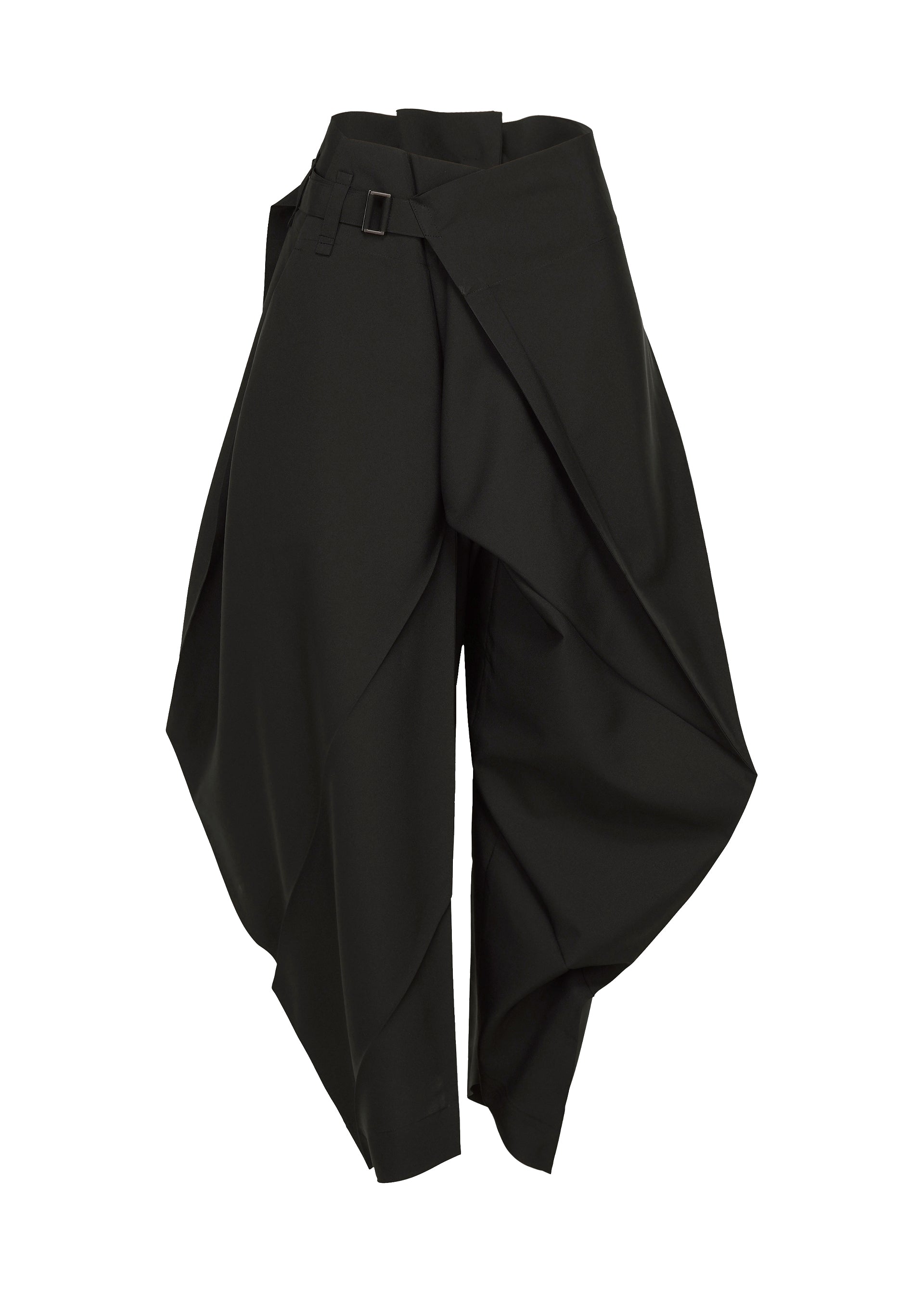 Zoomed view The F-BT pants by 132 5. ISSEY MIYAKE feature an avant-garde wide-leg silhouette with draped, layered panels, asymmetrical design, a buckled belt at the waist, and are crafted from recycled polyester. - BLACK （no.15）