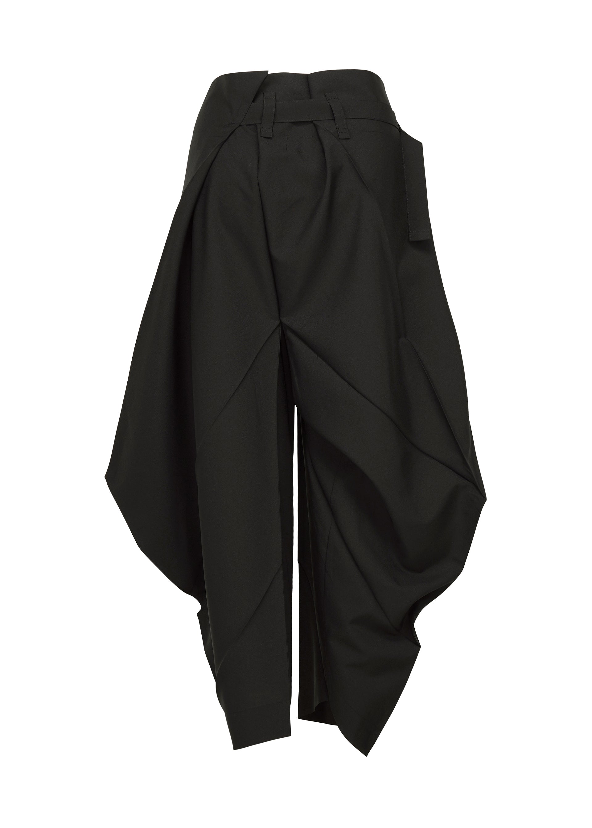 Zoomed view The F-BT by 132 5. ISSEY MIYAKE are black, recycled polyester pants with avant-garde wide legs, sculptural draping, asymmetrical folds, a high waist, and cropped hem for a bold, structured look.