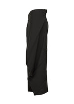 The F-BT by 132 5. ISSEY MIYAKE is a black high-waisted midi skirt with an asymmetric draped design inspired by folding technique pants, shown from the side against a white background.