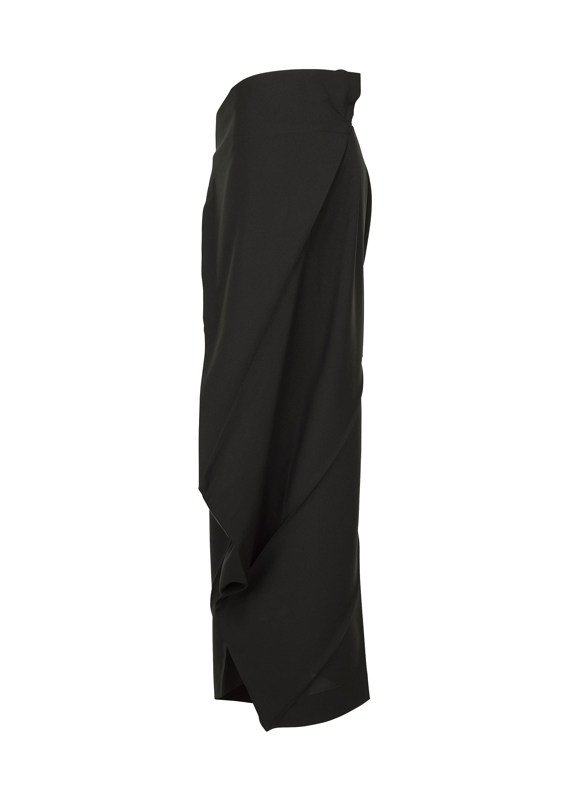 Zoomed view The F-BT by 132 5. ISSEY MIYAKE is a black high-waisted midi skirt with an asymmetric draped design inspired by folding technique pants, shown from the side against a white background.