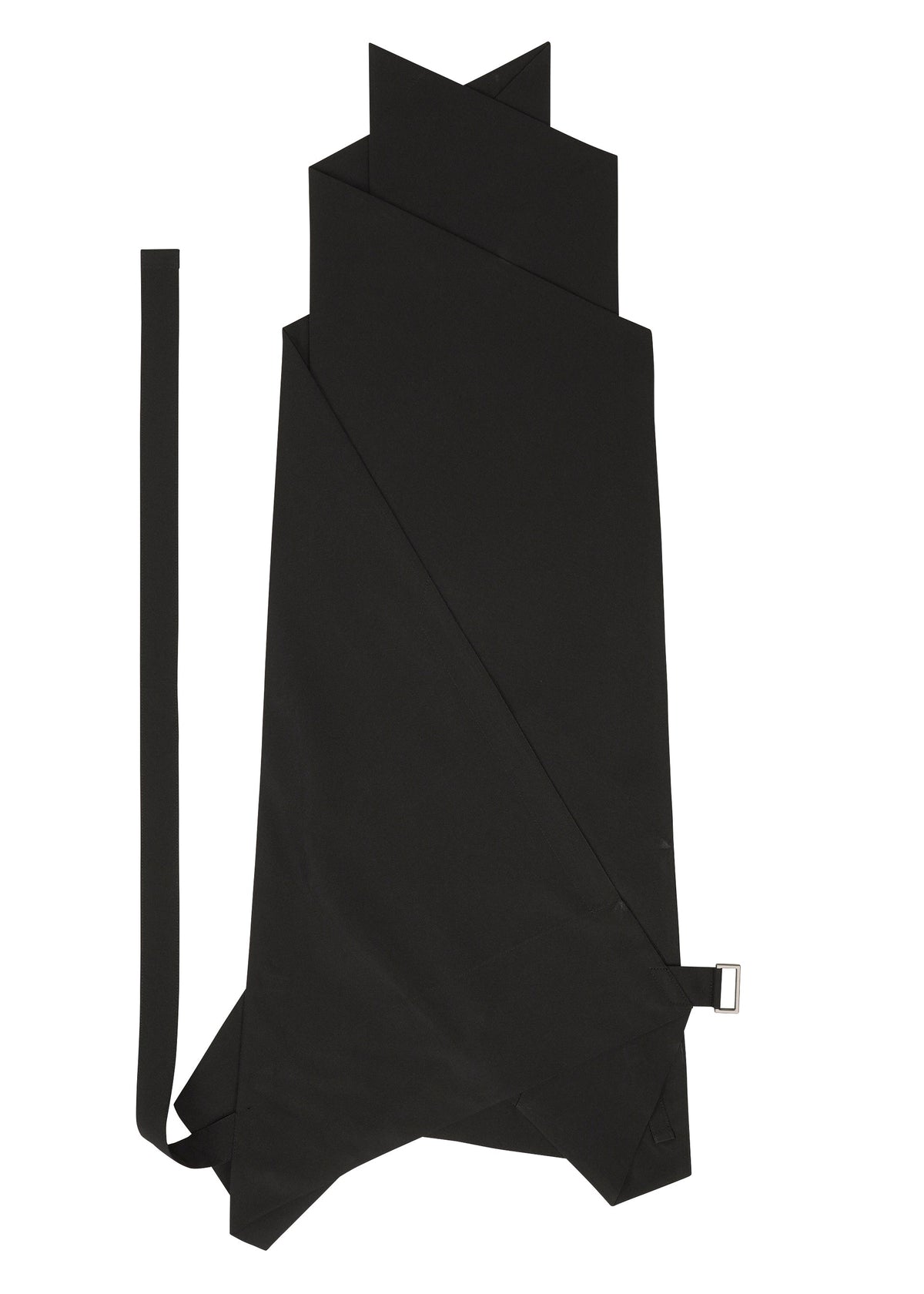 The F-BT skirt by 132 5. ISSEY MIYAKE is a black, asymmetrical wrap design with angular layers, a long belt, and a silver rectangular buckle—crafted using pants-inspired folding technique and shown flat on a white background. view 5 of 9