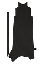 The F-BT skirt by 132 5. ISSEY MIYAKE is a black, asymmetrical wrap design with angular layers, a long belt, and a silver rectangular buckle—crafted using pants-inspired folding technique and shown flat on a white background.