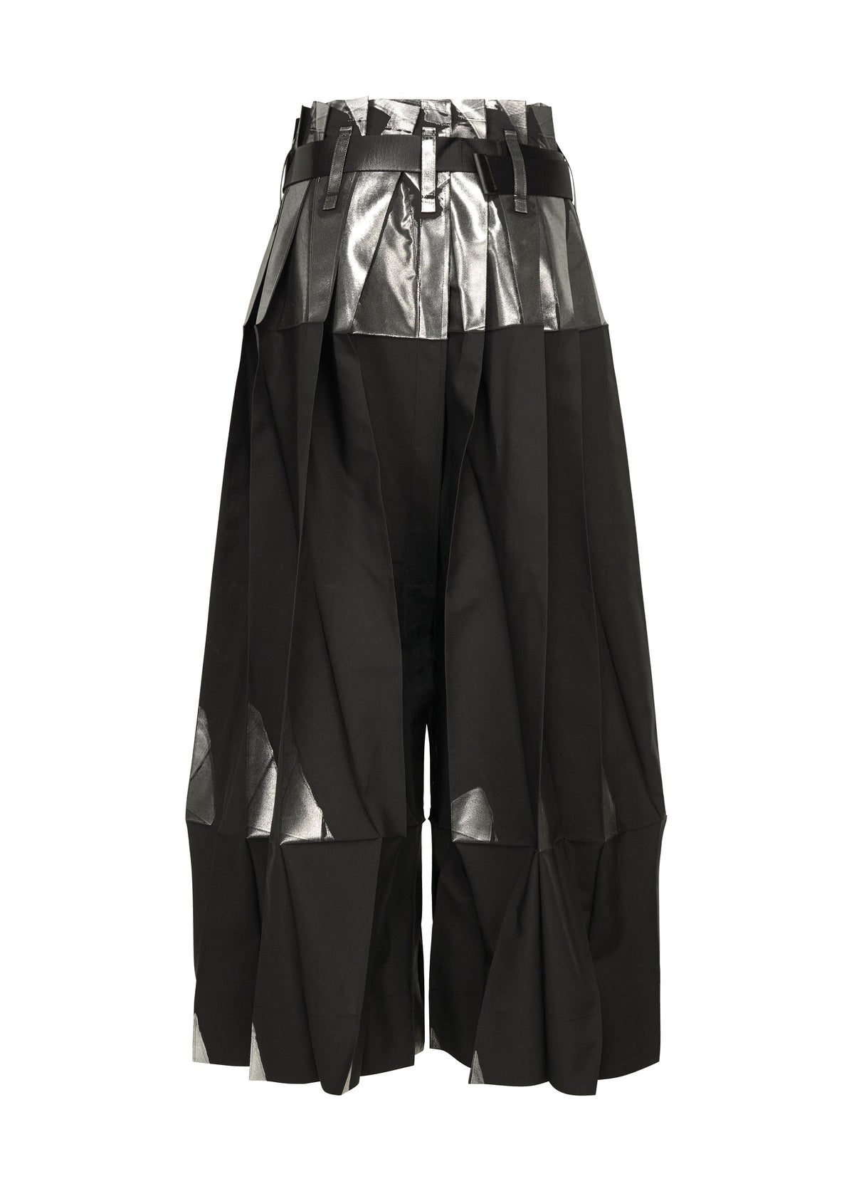 The No.3-1 by 132 5. ISSEY MIYAKE is a black knee-length pleated convertible skirt pant featuring shiny metallic silver panels and angular, structured folds, shown on a plain white background. view 2 of 10