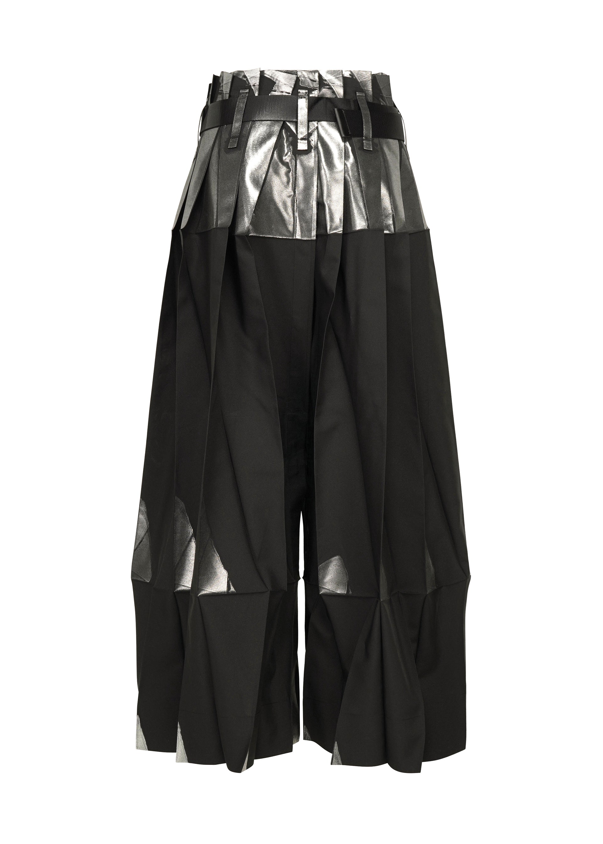 Zoomed view The No.3-1 by 132 5. ISSEY MIYAKE is a black knee-length pleated convertible skirt pant featuring shiny metallic silver panels and angular, structured folds, shown on a plain white background.
