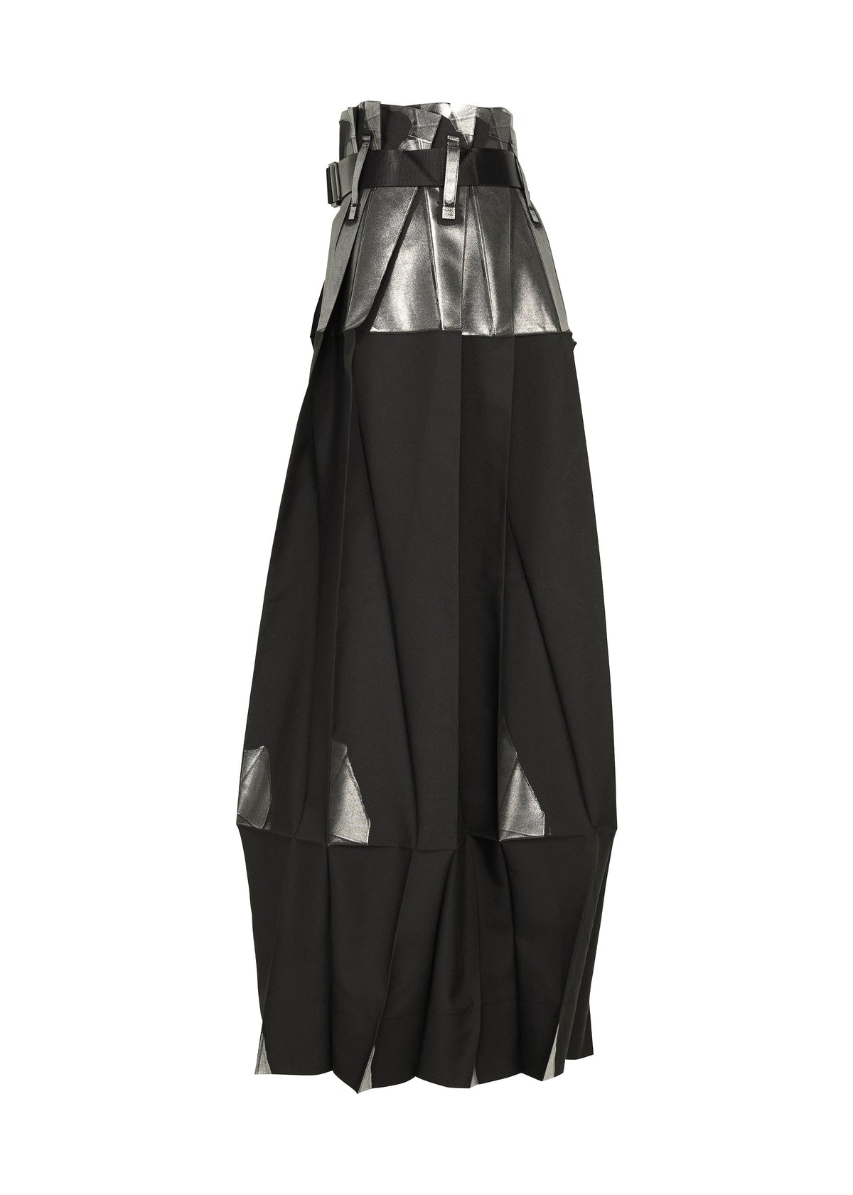 The No.3-1 skirt by 132 5. ISSEY MIYAKE is a high-waisted black skirt featuring sharp pleats and silver metallic accents at the waist and hem, crafted from recycled polyester pants, shown on a white background. view 3 of 10