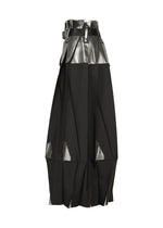 The No.3-1 skirt by 132 5. ISSEY MIYAKE is a high-waisted black skirt featuring sharp pleats and silver metallic accents at the waist and hem, crafted from recycled polyester pants, shown on a white background.