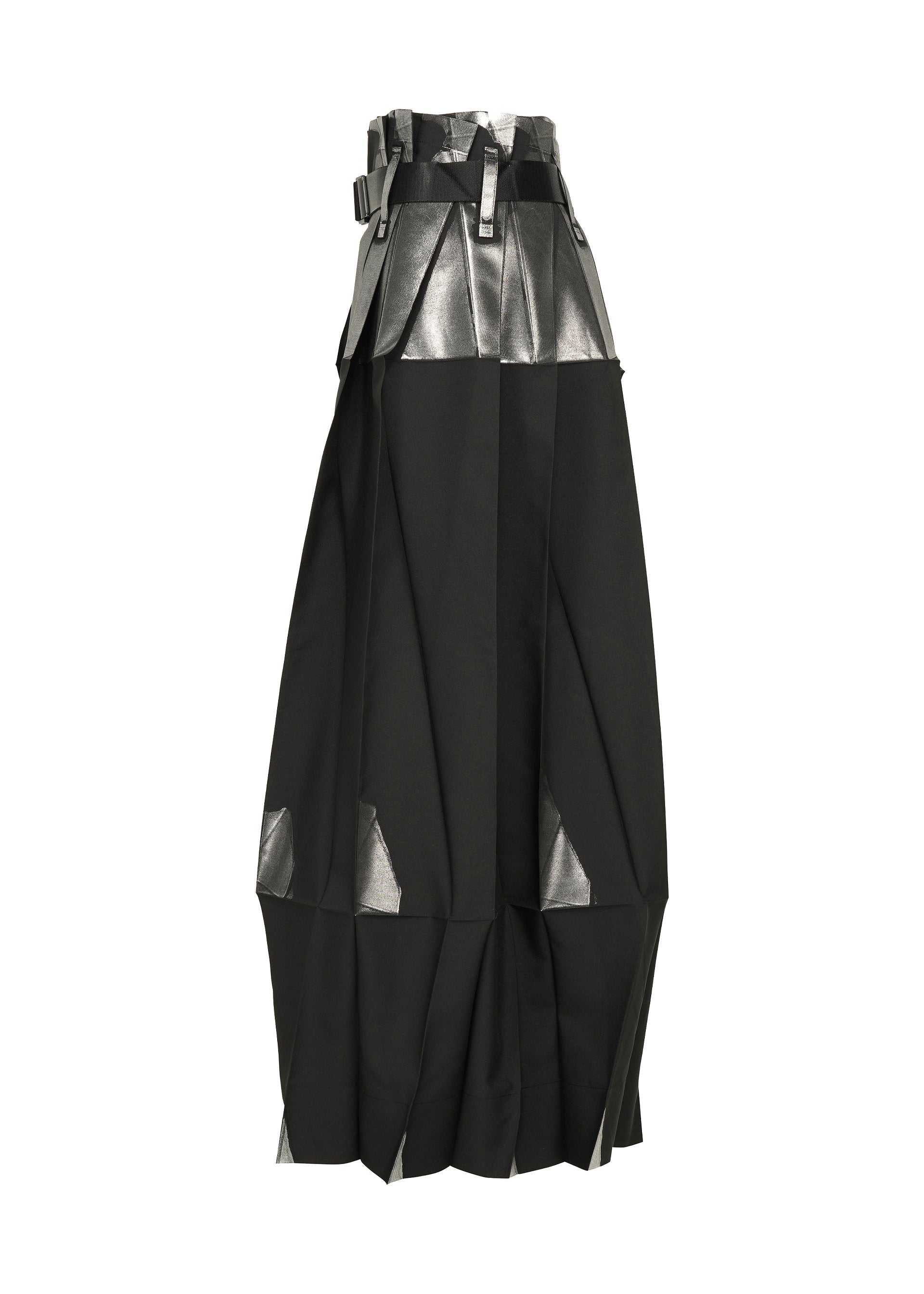 Zoomed view The No.3-1 skirt by 132 5. ISSEY MIYAKE is a high-waisted black skirt featuring sharp pleats and silver metallic accents at the waist and hem, crafted from recycled polyester pants, shown on a white background.