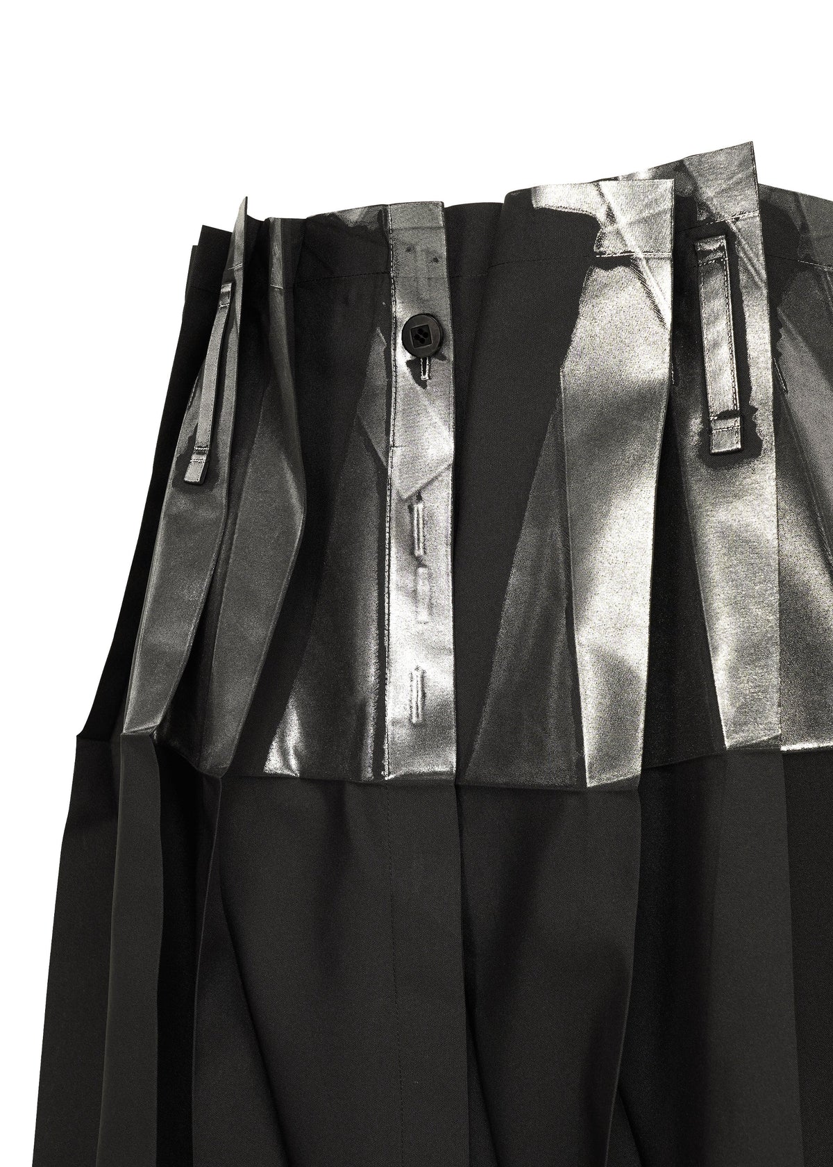 Close-up of No.3-1 pants by 132 5. ISSEY MIYAKE in black recycled polyester, with wide pleated waistband, metallic silver foil detailing on the pleats, and a visible black center button. view 4 of 10