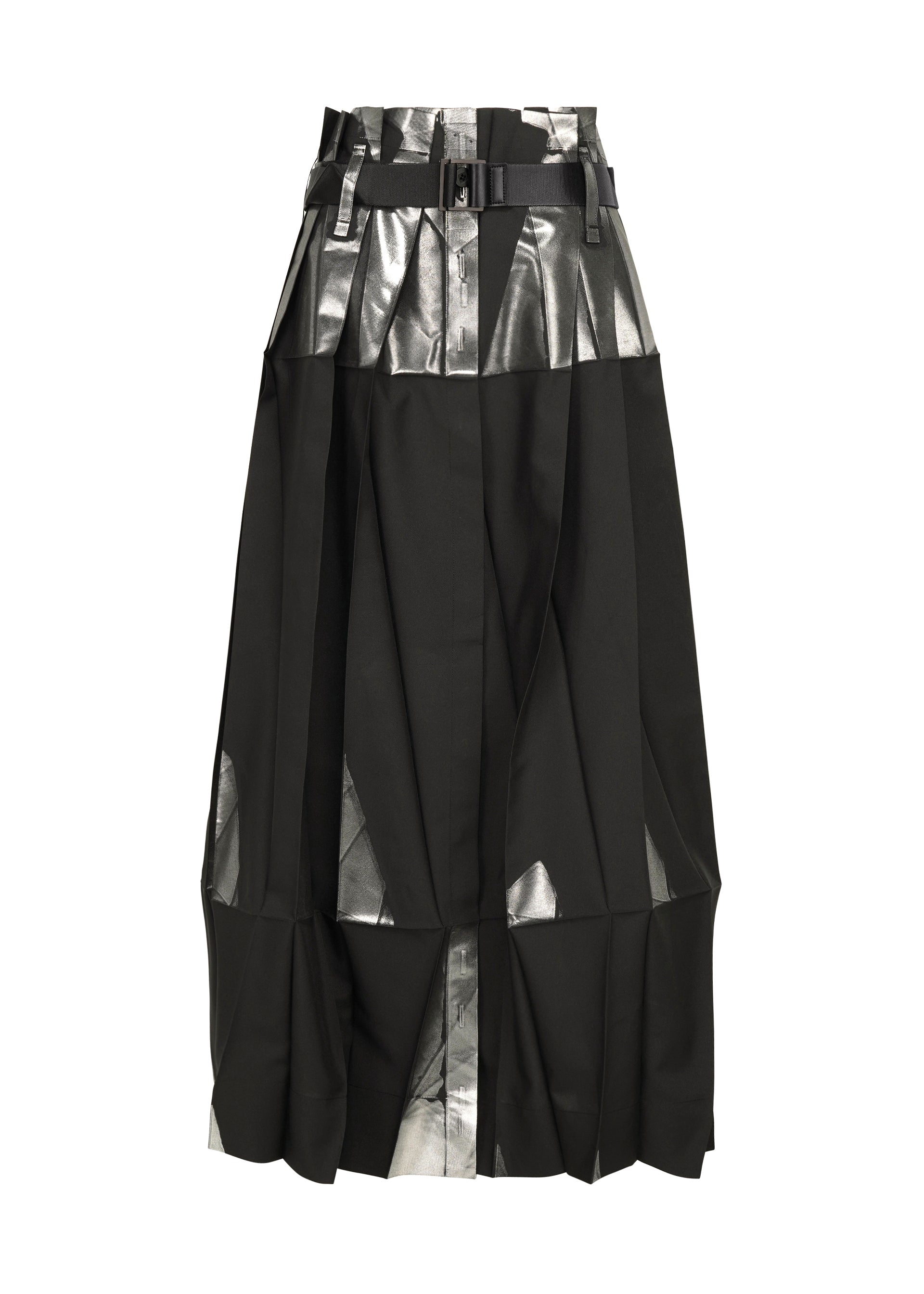 Zoomed view The No.3-1 by 132 5. ISSEY MIYAKE is a knee-length black skirt with wide pleats, shiny metallic foil details at the waistband and hem, and a black buckle belt—styled for an edgy look inspired by foil detail pants.