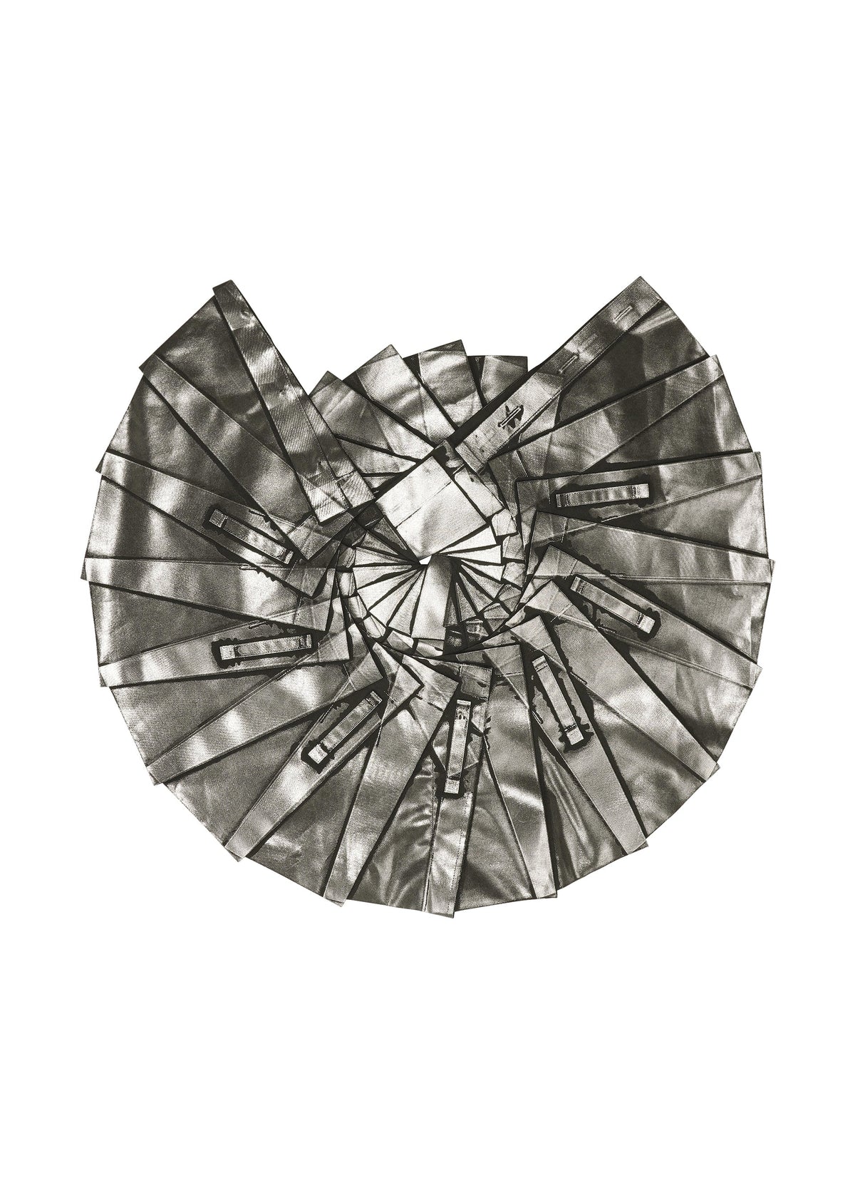 No.3-1 by 132 5. ISSEY MIYAKE features a fan-shaped geometric array of overlapping metallic rectangle strips, resembling foil detail pants, spiraling out on a white background. view 7 of 10