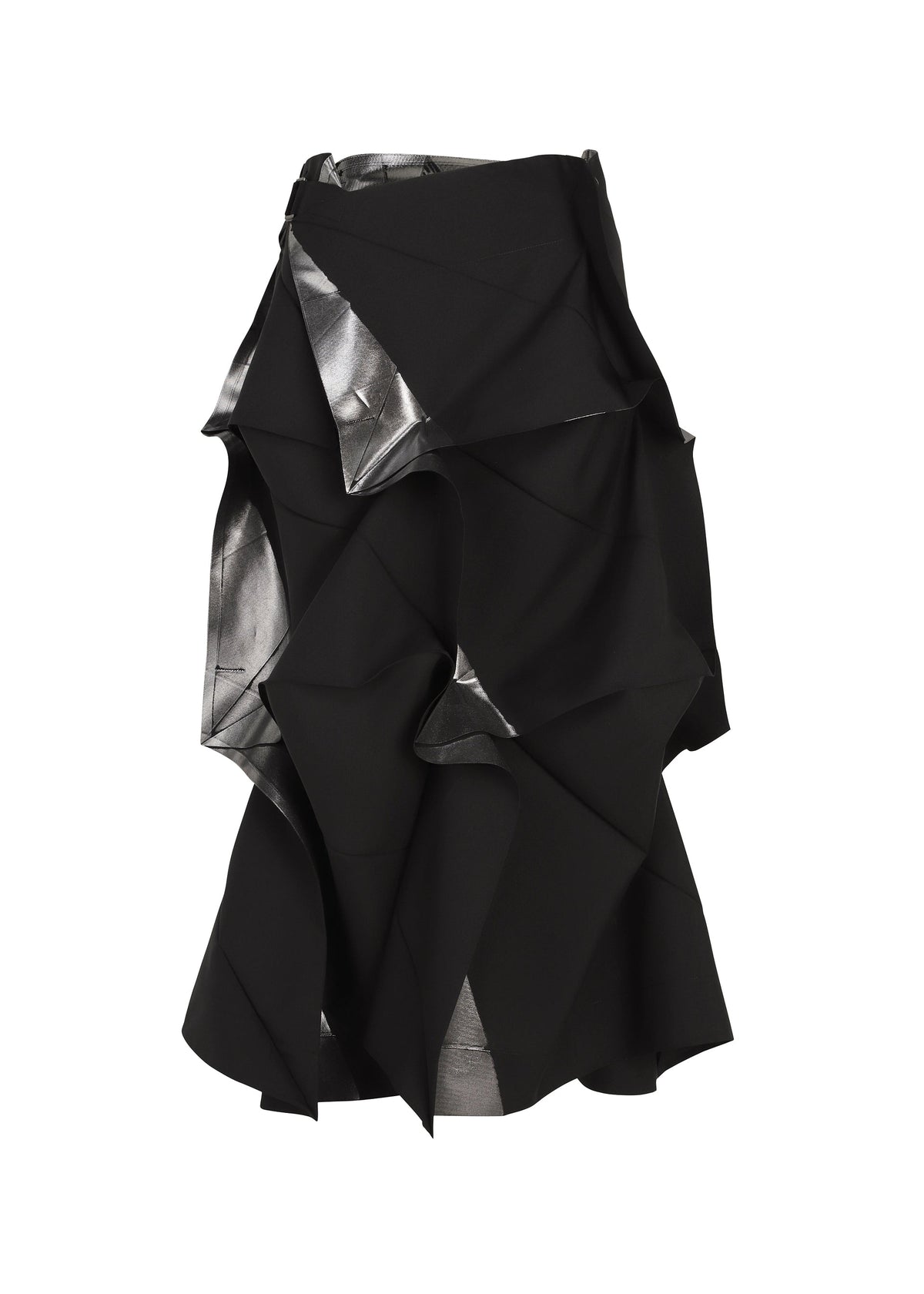 The No.1-2 skirt by 132 5. ISSEY MIYAKE is a black, knee-length piece crafted with layered, ruffled fabric featuring metallic silver accents that peek through the folds. Its sculptural, modern design creates a dynamic texture and a subtly flared silhouette. view 1 of 10