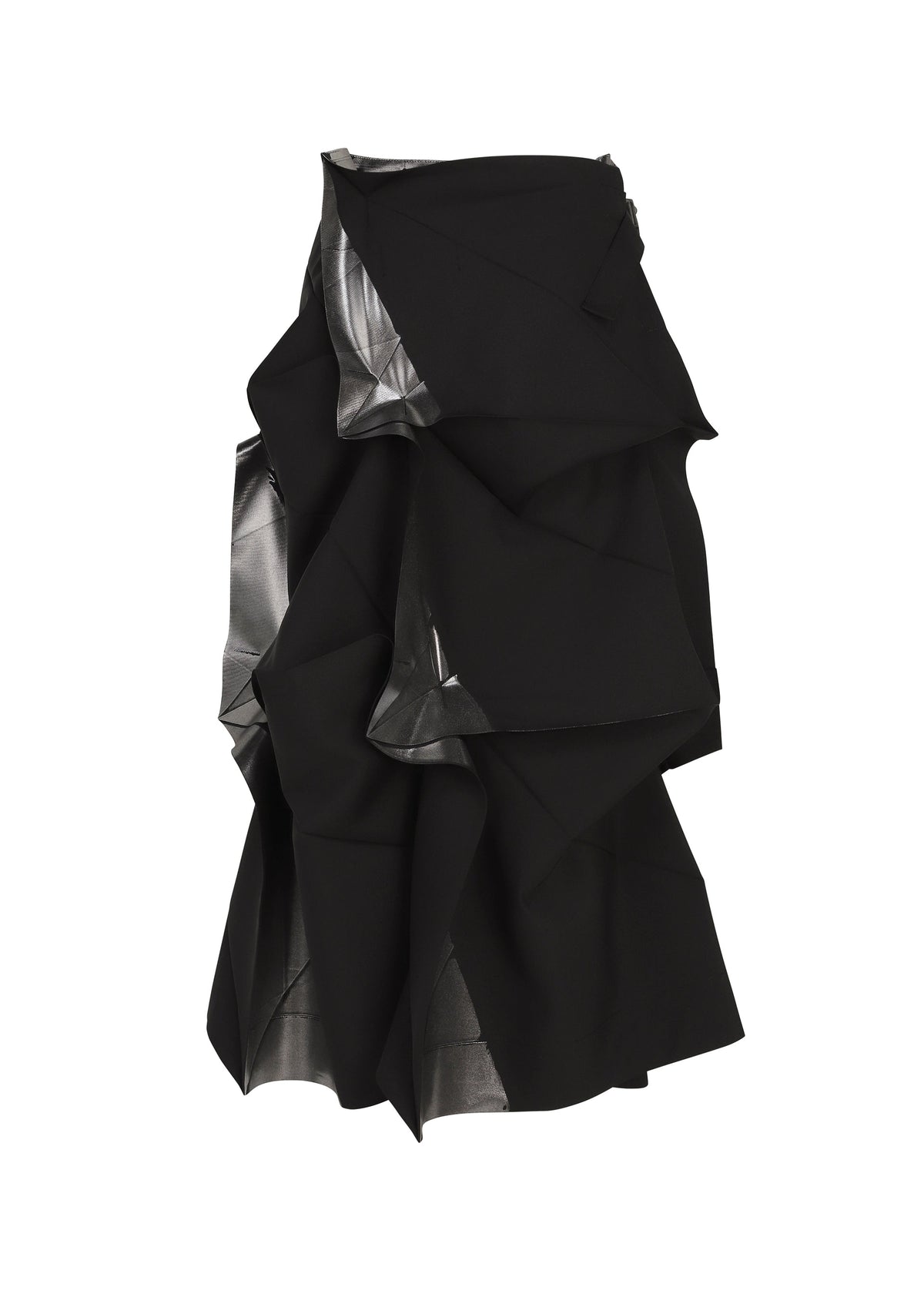 No.1-2 by 132 5. ISSEY MIYAKE is a black midi skirt with a dramatic, flared silhouette and layered ruffles, crafted from recycled polyester. Delicate metallic silver lining peeks through the folds for a modern foil-like effect—strikingly showcased against a white background. view 2 of 10