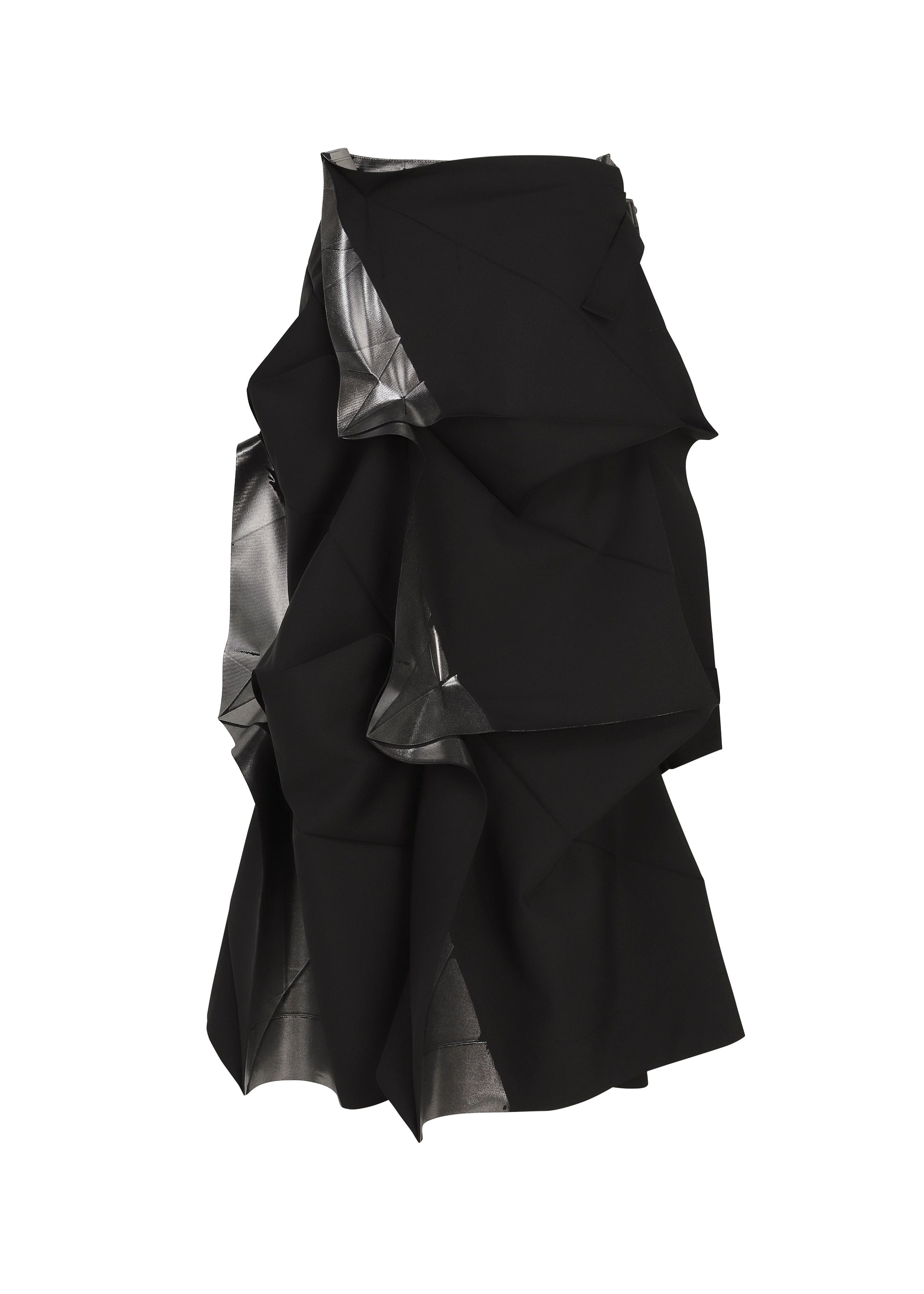 Zoomed view No.1-2 by 132 5. ISSEY MIYAKE is a black midi skirt with a dramatic, flared silhouette and layered ruffles, crafted from recycled polyester. Delicate metallic silver lining peeks through the folds for a modern foil-like effect—strikingly showcased against a white background.