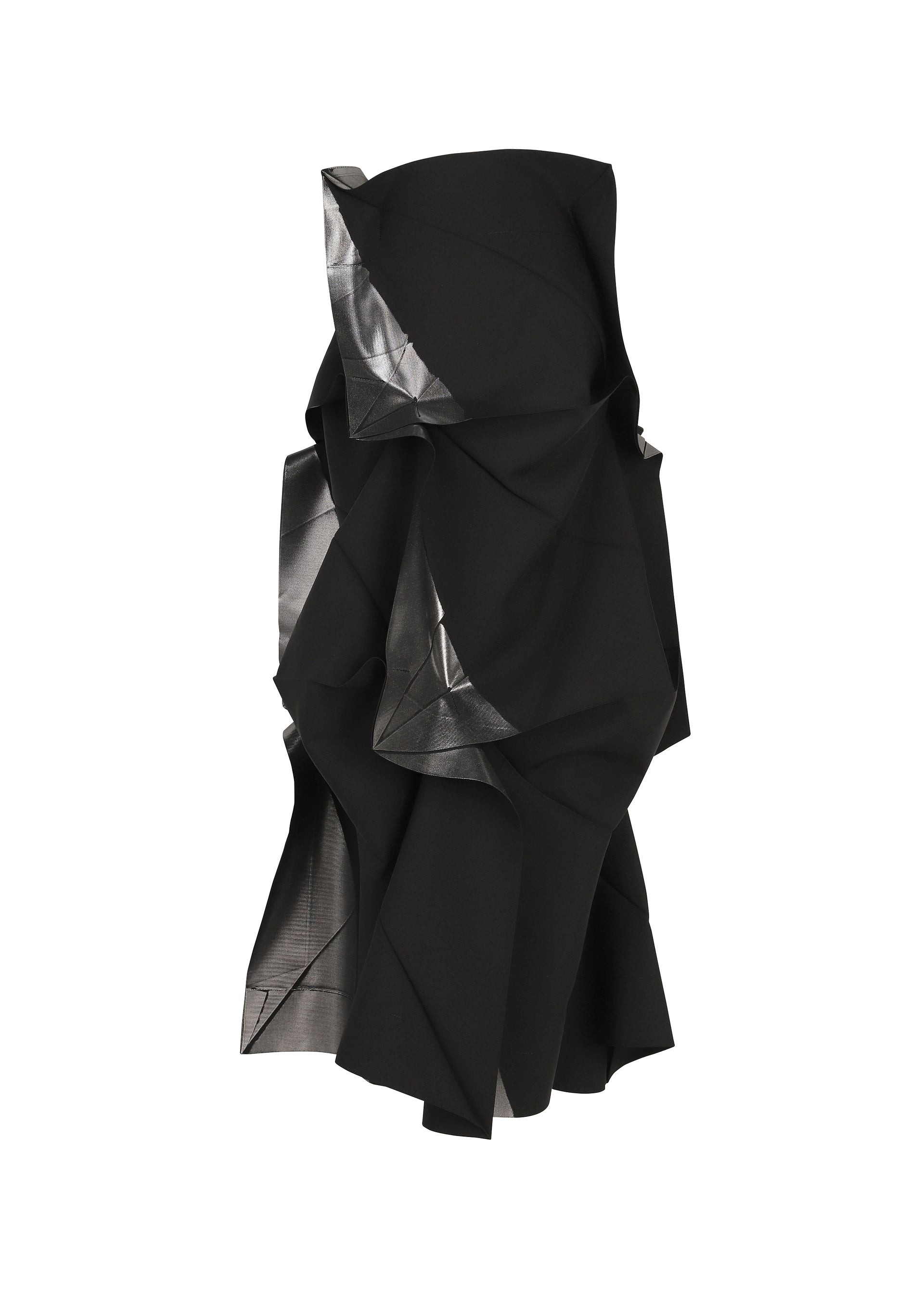 Zoomed view The No.1-2 dress by 132 5. ISSEY MIYAKE is a sculptural black strapless piece with a flared silhouette, showcasing angular, layered ruffles and glimpses of lustrous metallic silver foil fabric emerging from the folds.