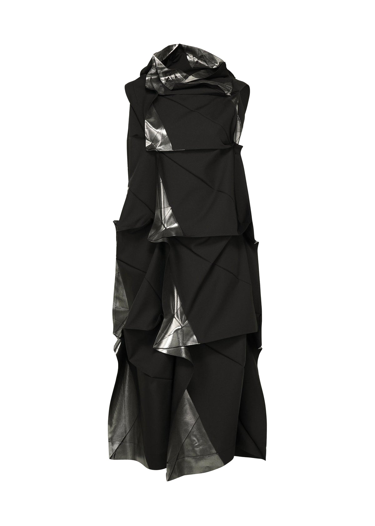 The No.1-1 by 132 5. ISSEY MIYAKE is a sleeveless black dress in recycled polyester, with an asymmetrical layered design, pyramid silhouette, and metallic silver accents visible through the fabric. view 1 of 9