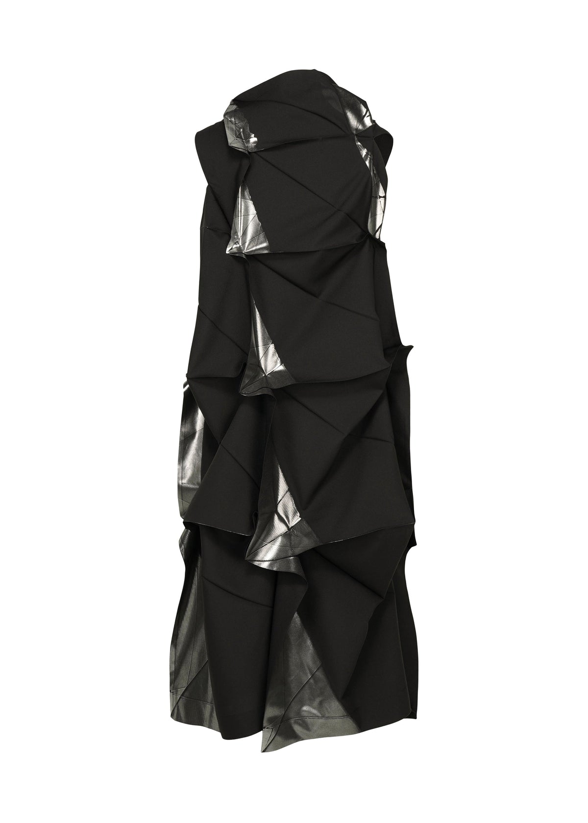 The No.1-1 dress by 132 5. ISSEY MIYAKE is a sleeveless black recycled polyester piece with bold layered folds and metallic silver accents, creating a sculptural pyramid silhouette. view 2 of 9